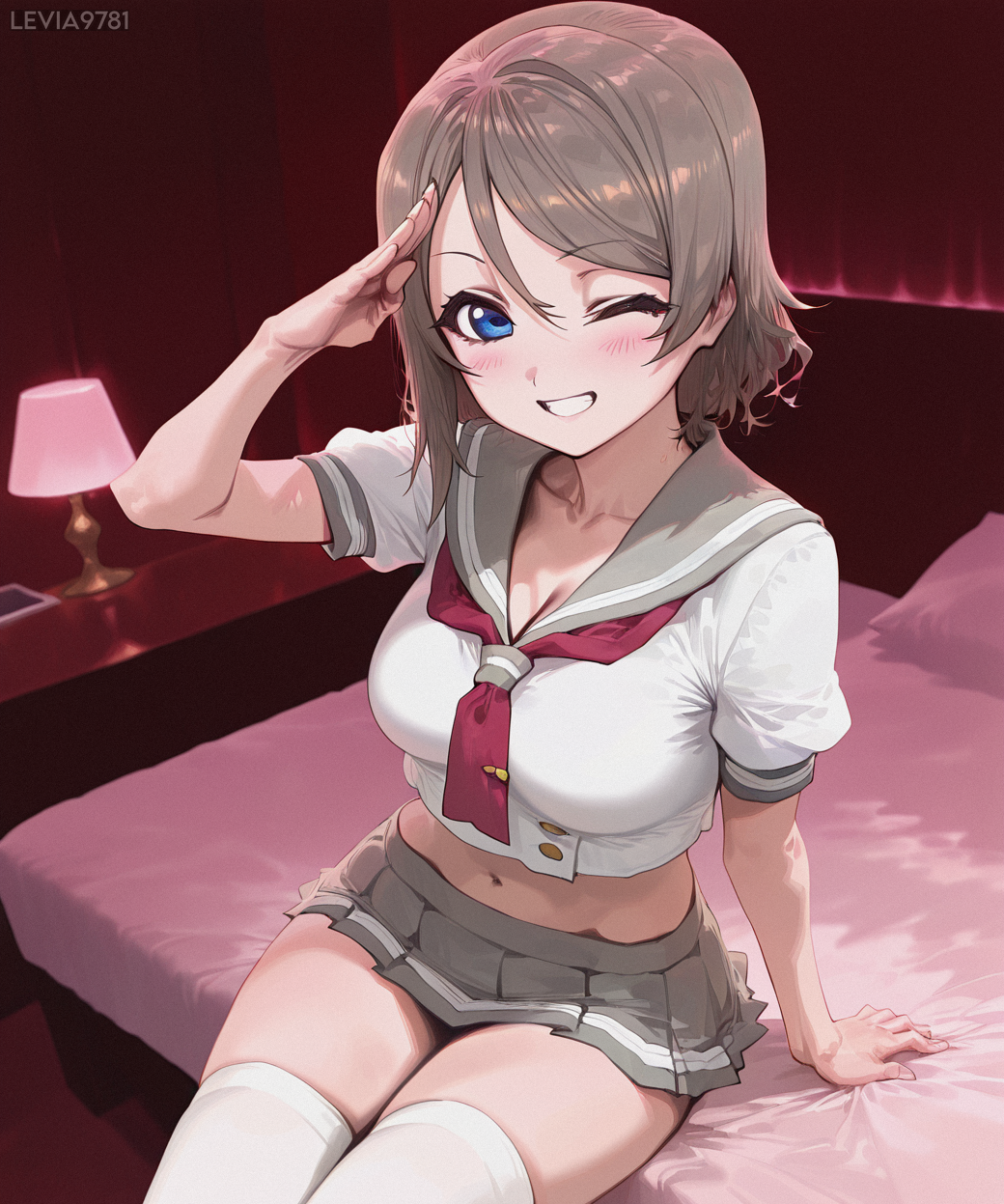 ai_generated bed blue_eyes brown_hair female grey_hair levia9781 love_live! love_live!_sunshine!! midriff salute school_uniform schoolgirl serafuku sitting smile solo thighhighs thighs watanabe_you