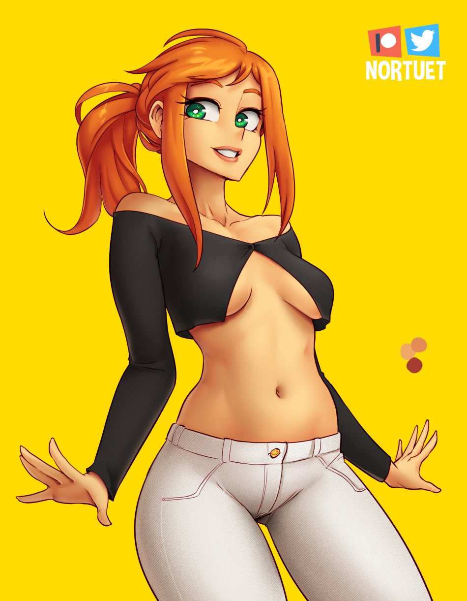 1girls breasts clothed clothing female_focus female_only green_eyes hi_res medium_hair navel nortuet nortuet_universe original pose red_hair revealing_clothes simple_background small_breasts smile solo tara_(nortuet) watermark yellow_background