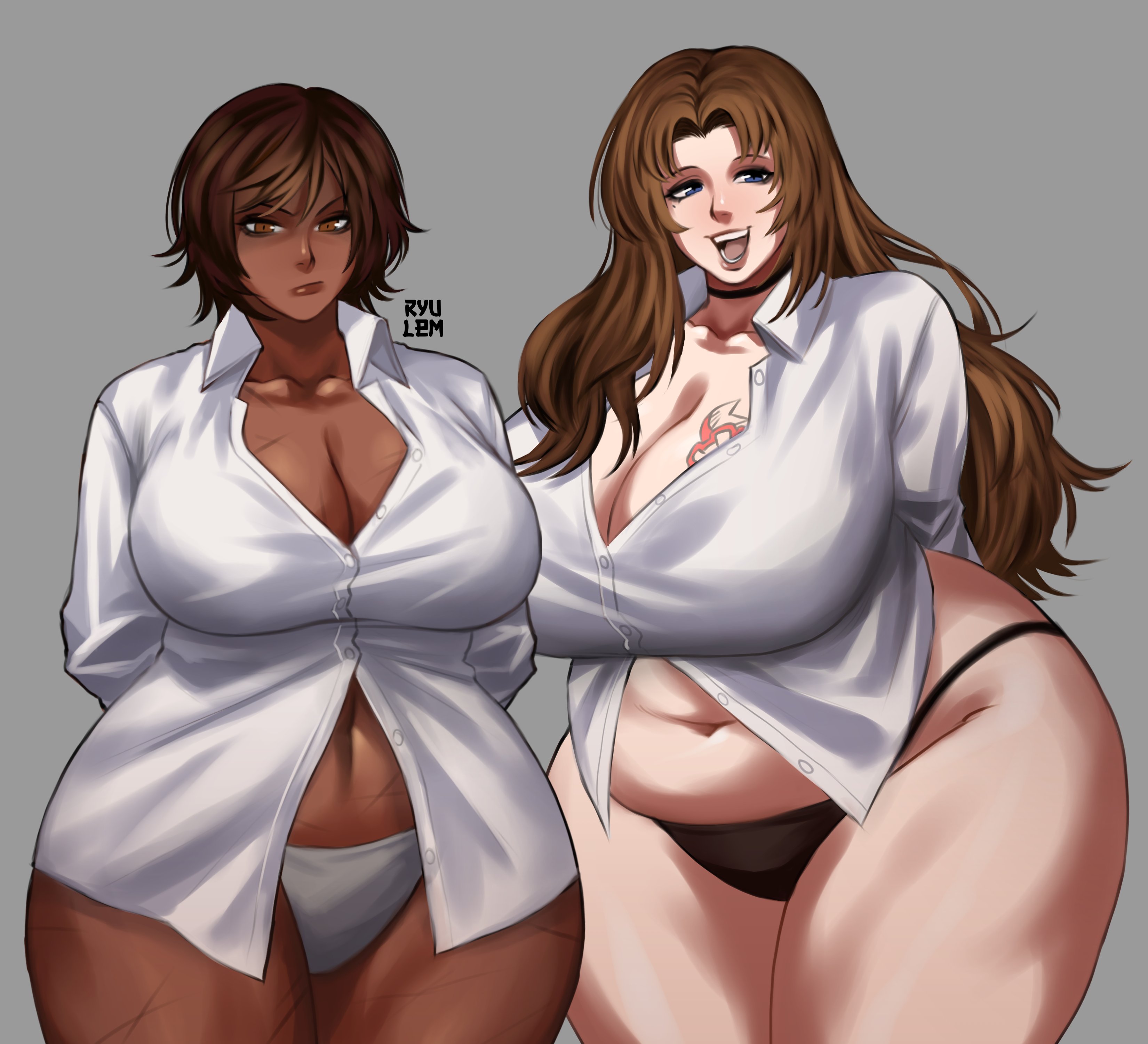 2girls, chubby, dark skin, dark-skinned female, fat, female, female only, limbus company, outis (limbus company), panties, project moon, rodion (limbus company), ryulem, tagme