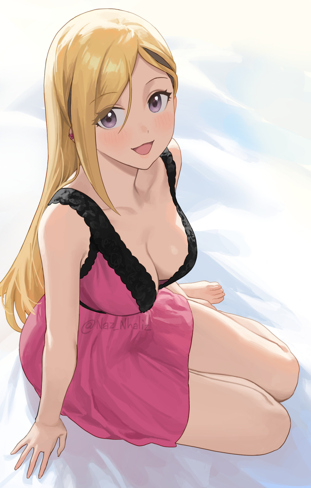 1girls arm_support bare_arms bare_calves bare_chest bare_hands bare_knees bare_legs bare_shoulders bare_skin bare_soles bare_thighs bare_toes barefoot blonde_eyebrows blonde_female blonde_hair blonde_hair blonde_hair_female blush blush_face blush_lines blushed_face blushing_at_viewer blushing_face blushing_female breasts busty busty_female busty_girl calves character_request cleavage clothes collarbone copyright_request dot_nose dress ear_piercing ear_piercings exposed_arms exposed_chest exposed_legs exposed_shoulders exposed_skin exposed_thighs exposed_toes eyebrows_visible_through_hair fair_skin feet female female_focus female_only fingers full_body high_resolution highres knees knees_together large_breasts lean_body lean_figure legs legs_closed legs_together light-skined_female light-skinned light-skinned_female light_skin light_skin_female light_skinned light_skinned_female long_hair looking_at_viewer looking_up looking_up_at_viewer narrow_waist nhaliz night_gown open_mouth open_mouth_smile outfit parted_bangs parted_lips pierced_ear pierced_ears pink_clothes pink_dress pink_outfit pink_topwear purple_eyes purple_eyes_female shoulders simple_background sitting sitting_on_ass sitting_on_bed slender_body slender_waist slim_girl slim_waist smile smiley_face smiling smiling_at_viewer smooth_skin solo thick_thighs thighs thin_waist toes tongue topwear white_background