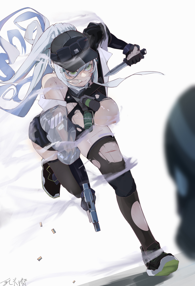 cap girls'_frontline green_eyes handgun hk416_(girls'_frontline) knife large_breasts m1m2rm nipple_slip nipples_visible_through_clothing torn_clothes white_hair wounded