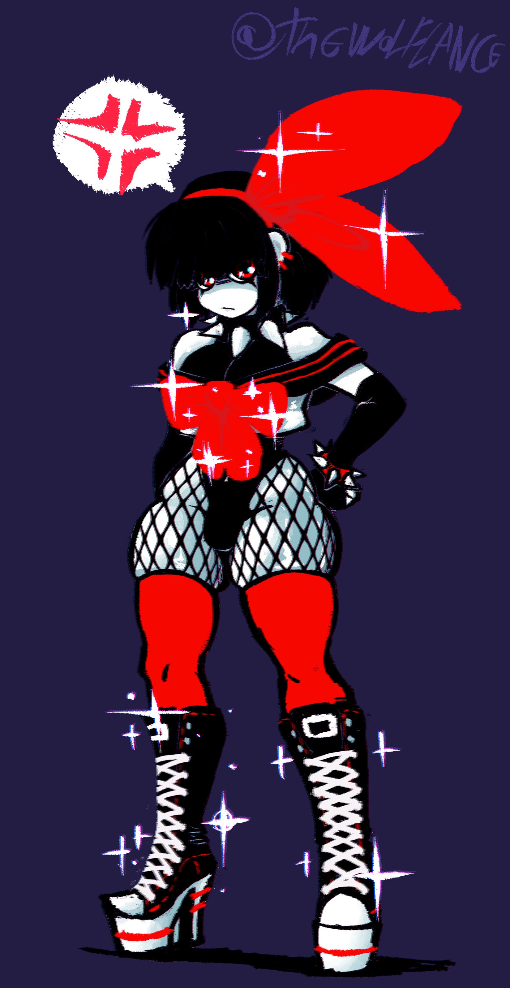 1boy, 2024, black hair, bow, clothed, clothing, femboy, fishnets, fully clothed, high heels, male, male only, scythe (dizzyspells), short hair, solo, standing, thick thighs, white body, wide hips, wolflance