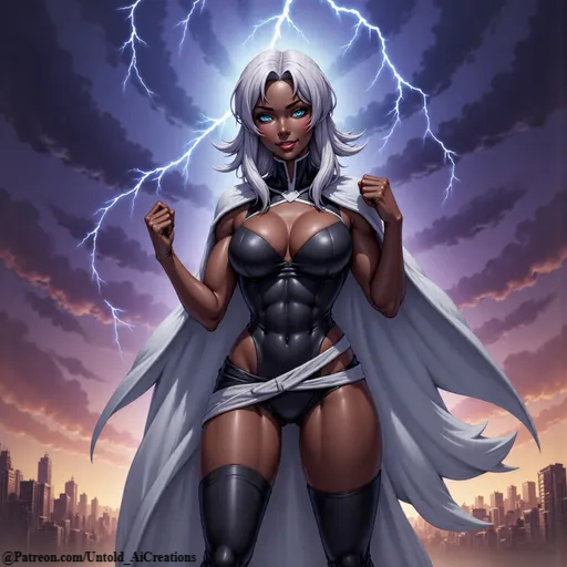 1girls ai_generated breasts cleavage dark_skin female marvel marvel_comics ororo_munroe pose seductive solo standing storm_(x-men) white_hair x-men