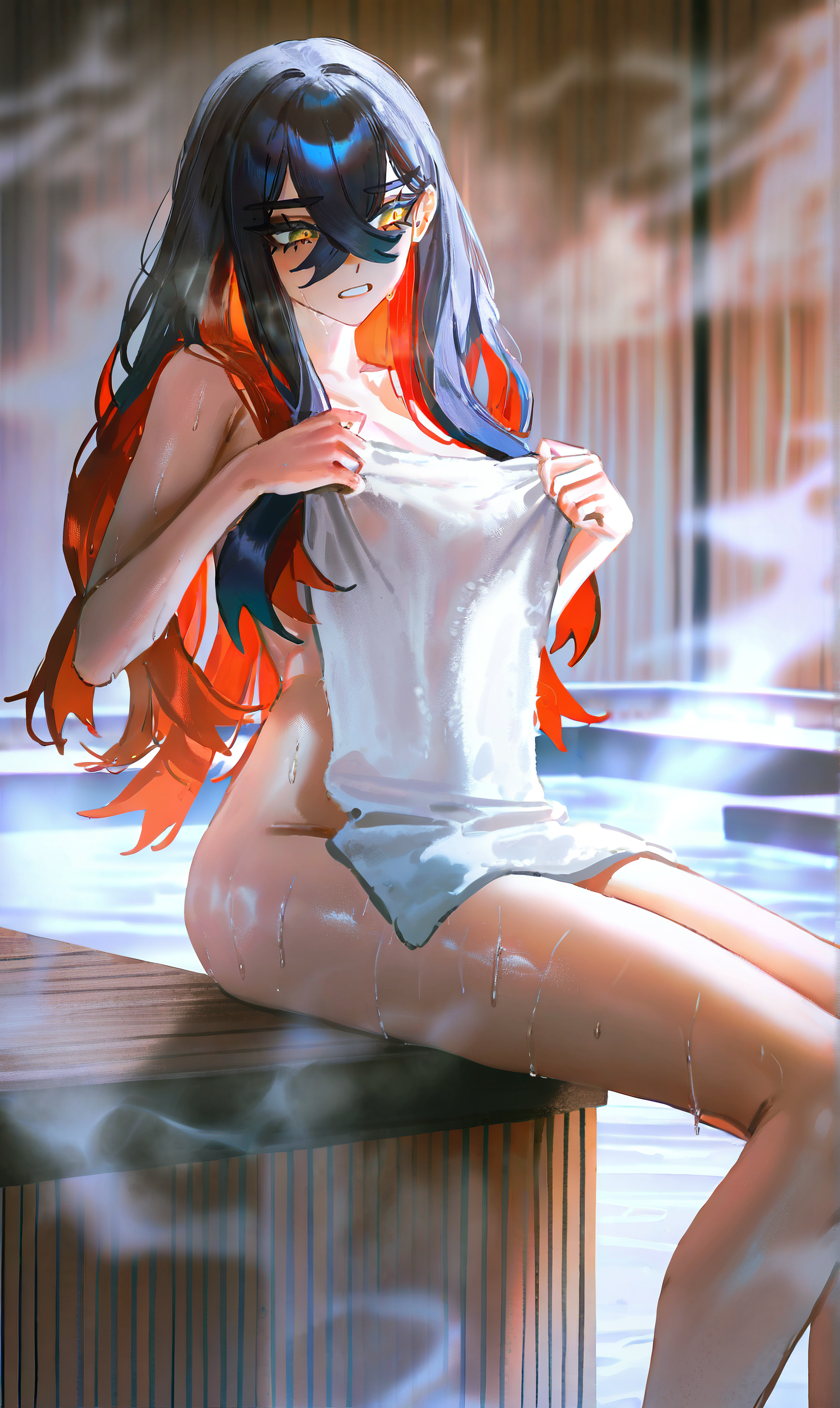 ai_generated blue_hair carmine_(pokemon) female holding_towel hot_spring multicolored_hair nude pokemon pokemon_sv red_hair sauna small_breasts solo towel towel_only yellow_eyes