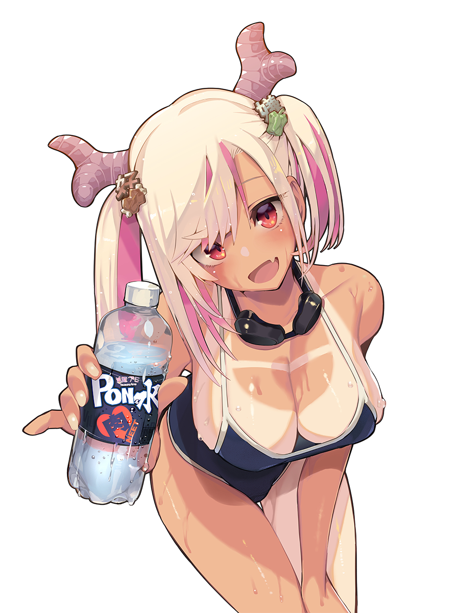 1girls :d bottle breasts cleavage cute cute_fang gal goggles goggles_around_neck gyaru gyaru_gal hair_ornament highres holding holding_bottle horns kuro_gyaru large_breasts looking_at_viewer multicolored_hair oerba_yun_fang oerba_yun_fang one-piece_swimsuit open_mouth pink_hair r_project red_eyes satou_daiji simple_background skin_fang smile solo sweat swimsuit tan tanline tsuzura_amo two-tone_hair virtual_youtuber wet white_background white_hair