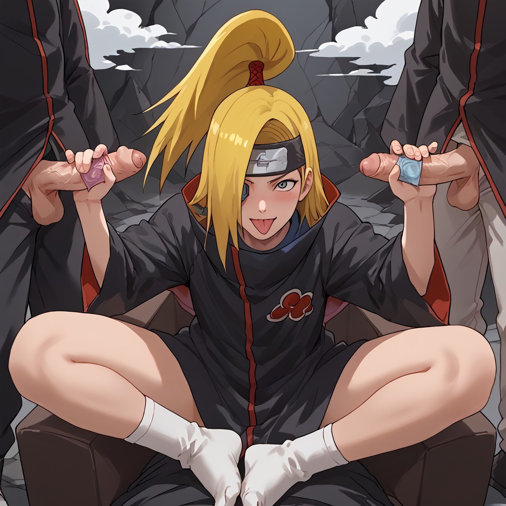 1boy ai_generated akatsuki_(naruto) blonde_hair blush cloak closed_eyes cloud_print condom deidara erected erection femboy handjob holding_penis imminent_sex male male_only naruto naruto_(series) naruto_shippuden penis ponytail small_penis socks spread_legs thick thick_thighs thighs