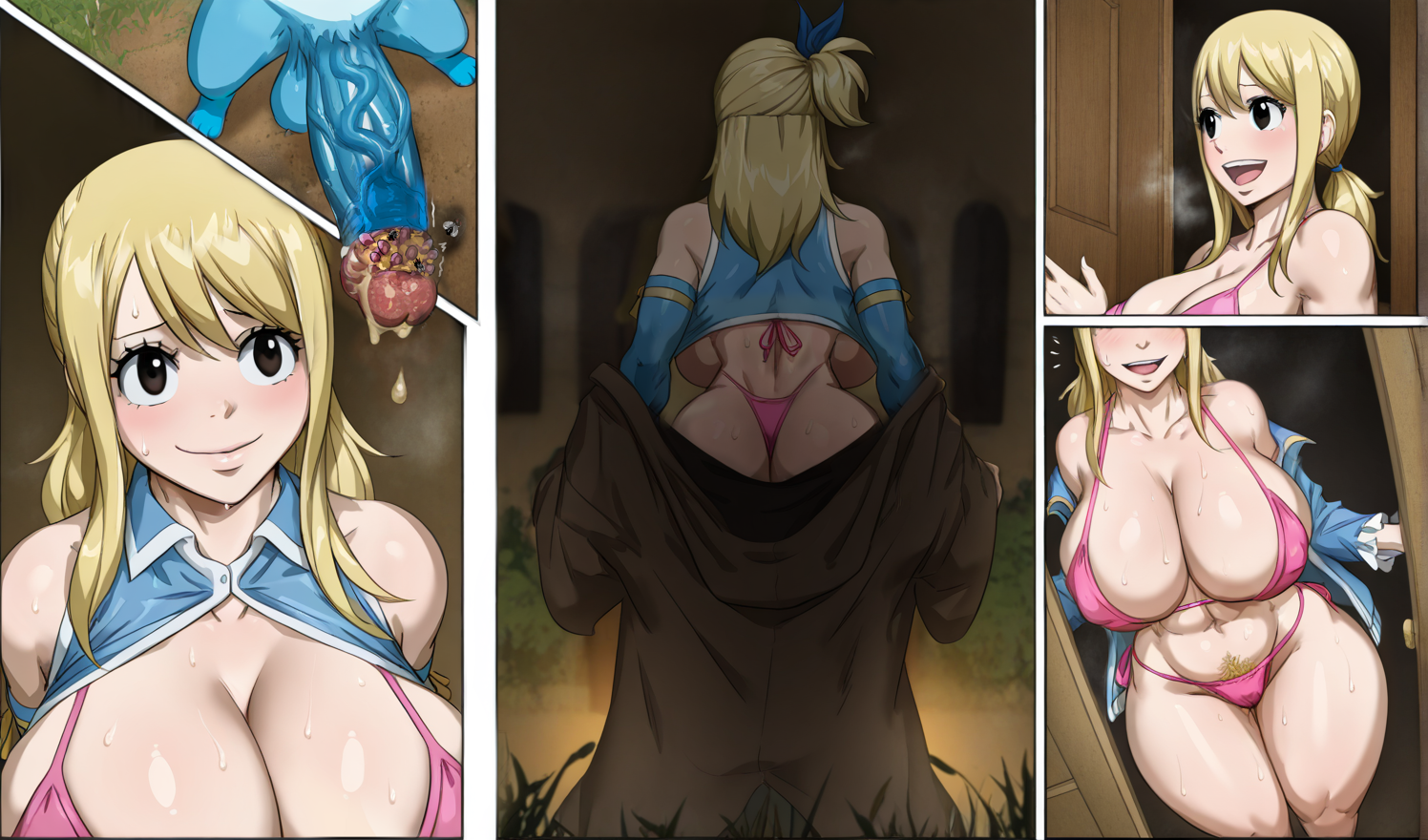 1boy, 1girls, ai generated, balls, bikini, bikini under clothes, cock hungry, curves, curvy, disrobing, fairy tail, female, flies for smell, happy (fairy tail), huge balls, huge cock, imminent sex, inviting, jakonikonthesecond, lucy heartfilia, male, monster cock, outdoors, outerwear, partial male, penis, robe, small but hung, small dom big sub, smaller male, smegma, undressing