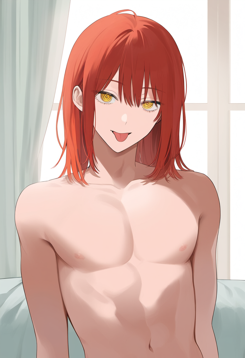 1boy ai_generated chainsaw_man couch genderswap genderswap_(ftm) looking_at_viewer makima_(chainsaw_man) pecs_touching red_hair rule_63 tongue_out windows yellow_eyes