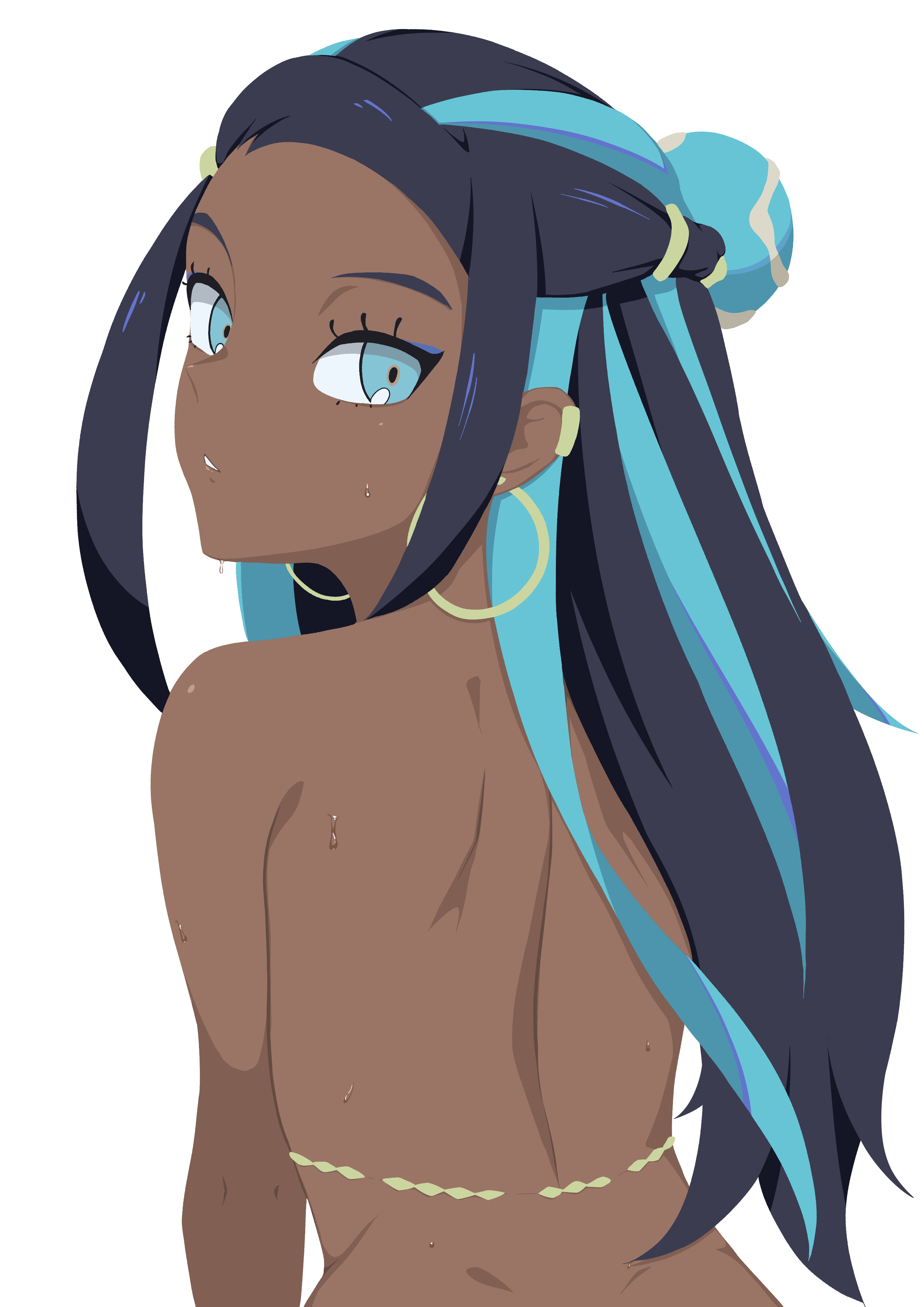 absurdres, ads26, aqua eyes, belly chain, blue eyeshadow, chains, commentary, dark skin, dark-skinned female, earclip, earrings, eyelashes, eyeshadow, female, from behind, game freak, hair bun, highres, hoop earrings, jewelry, long hair, looking at viewer, looking back, makeup, multicolored hair, nessa (pokemon), nintendo, nude, parted lips, pokemon, pokemon ss, pokemon sword and shield, pokemon swsh, shoulder blades, sidelocks, simple background, single hair bun, solo, sweat, two-tone hair, upper body, white background