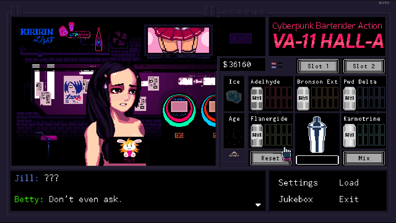 1girl 1girls beatrice_albert black_hair censor_bar dialogue edit embarrassed embarrassed_nude_female julianne_stingray light-skinned_female light_skin long_hair looking_away mod naked pixel_art ponytail solo solo_female solo_focus spiritofrei sweat sweatdrop text va-11_hall-a