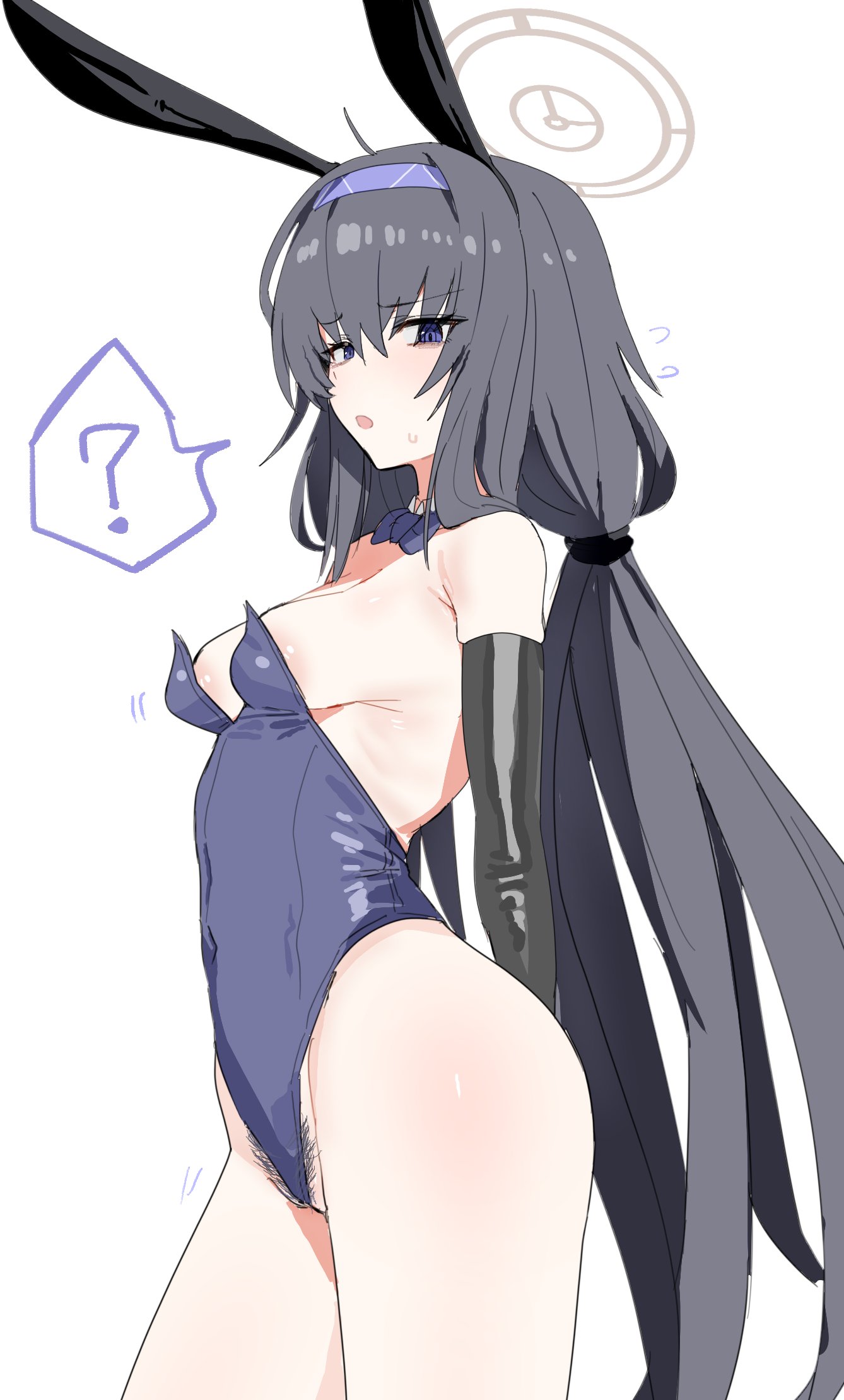 ?, 1girls, 2026, 2d, 2d (artwork), aerolae, bare legs, bare shoulders, black hair, blue archive, breasts, bunny ears, bunnysuit, color, colored, digital media (artwork), fake animal ears, female, female only, hair, hi res, horn/wood, light skin, light-skinned female, long hair, looking at viewer, open mouth, pubic hair, purple eyes, simple background, solo, sweat, sweatdrop, thick thighs, thighs, ui (blue archive), white background