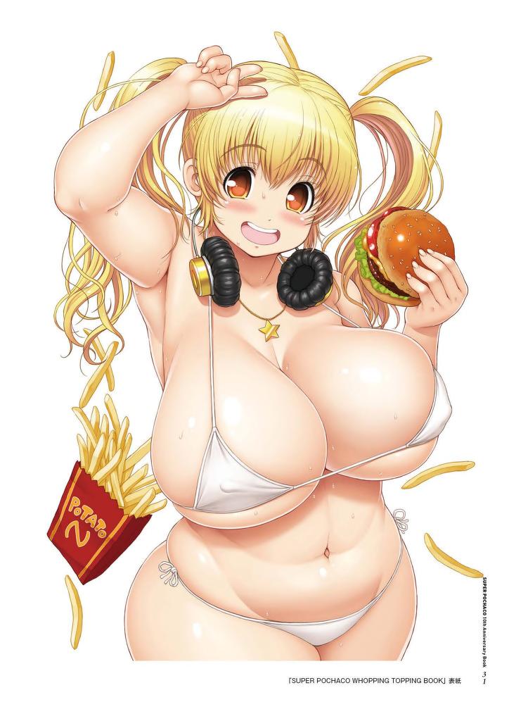 1girl, armpits, bbw, big ass, big breasts, bikini, burger, chubby, chubby female, curvy figure, eating, fast food, fat ass, fat female, fat fetish, female, female only, looking at viewer, nitroplus, super pochaco, tsuji santa, twintails
