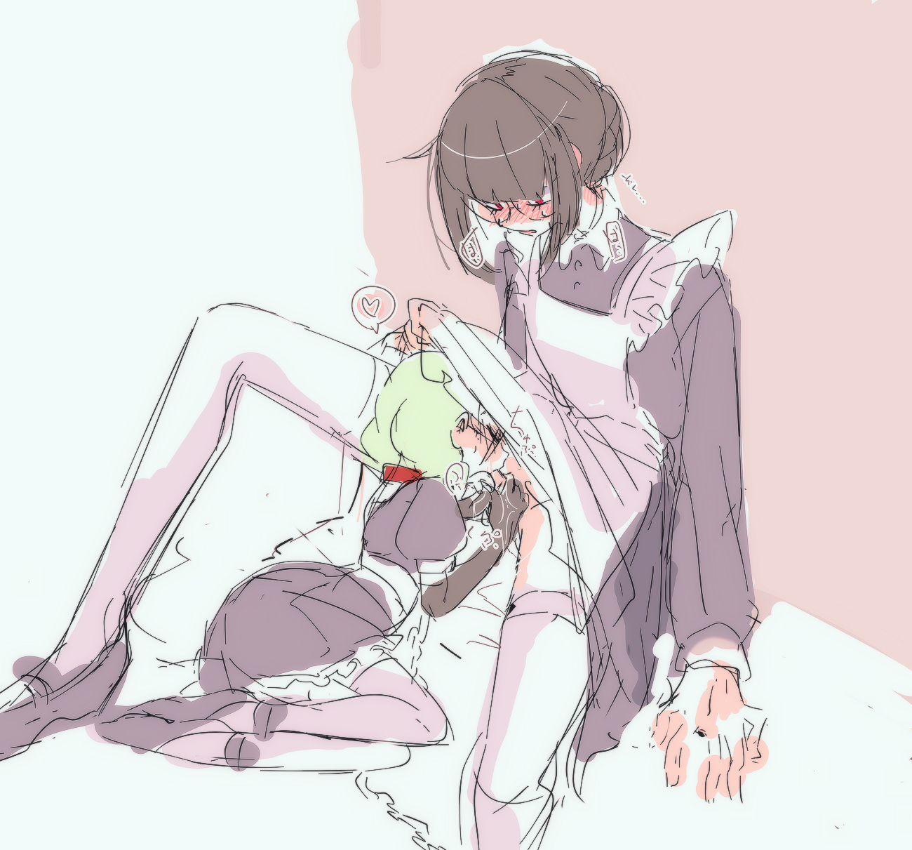 blowjob, female, femboy, femboy on female, glasses, green hair, male, nekun (artist), size difference, tagme