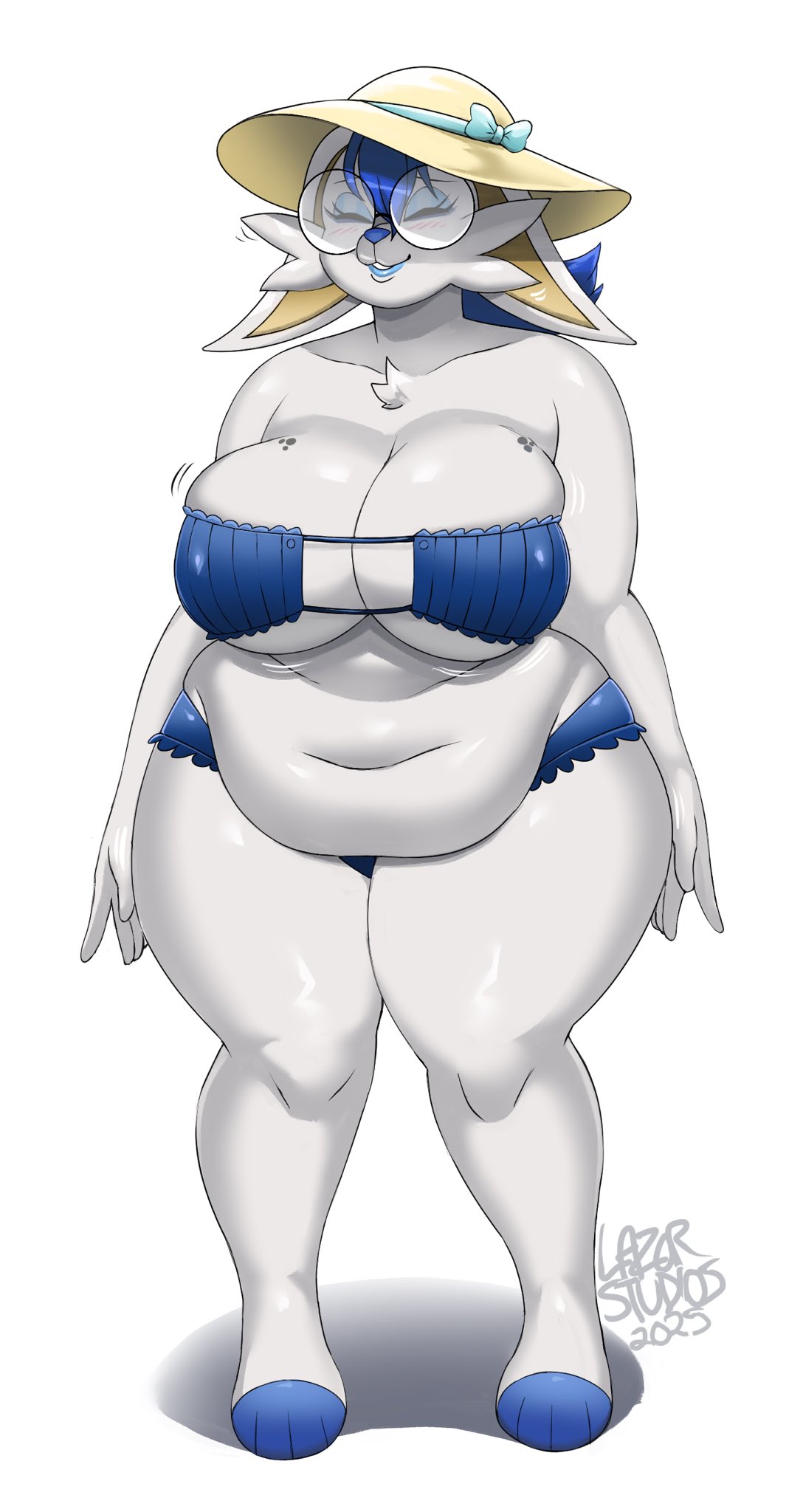 1girls, anthro, big breasts, bikini, breasts, breena (thixxen), chubby, chubby female, cinderace, cleavage, fat, female, female only, huge breasts, large breasts, lazorchef, pillow shading, pokemon, pokemon (species), revealing clothes, solo, solo female, standing