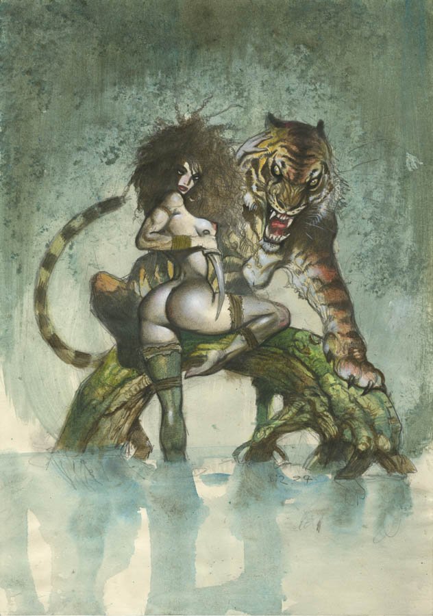 ass big_ass black_hair breasts female jungle_girl knife nipples nude simon_bisley tiger traditional_media_(artwork) weapon