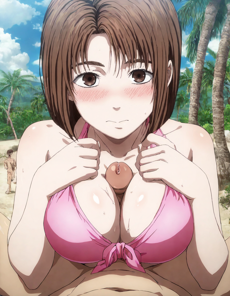 1boy 1girl ai_generated beach brown_hair hands_on_breasts hands_on_own_breasts initial_d looking_at_viewer mogi_natsuki natsuki_mogi paizuri palm_tree penis penis_between_breasts pink_bikini short_hair