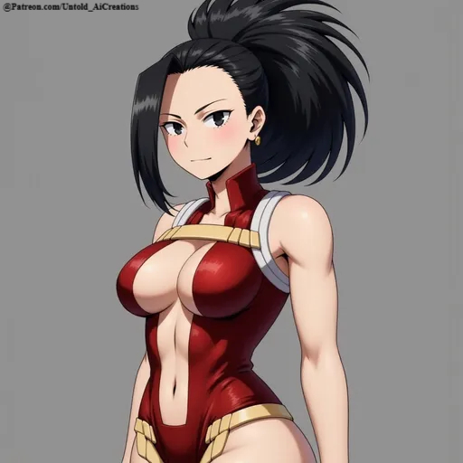 1girls ai_generated cleavage clothed clothing female momo_yaoyorozu my_hero_academia public seductive standing superheroine untoldaicreations untoldcreate