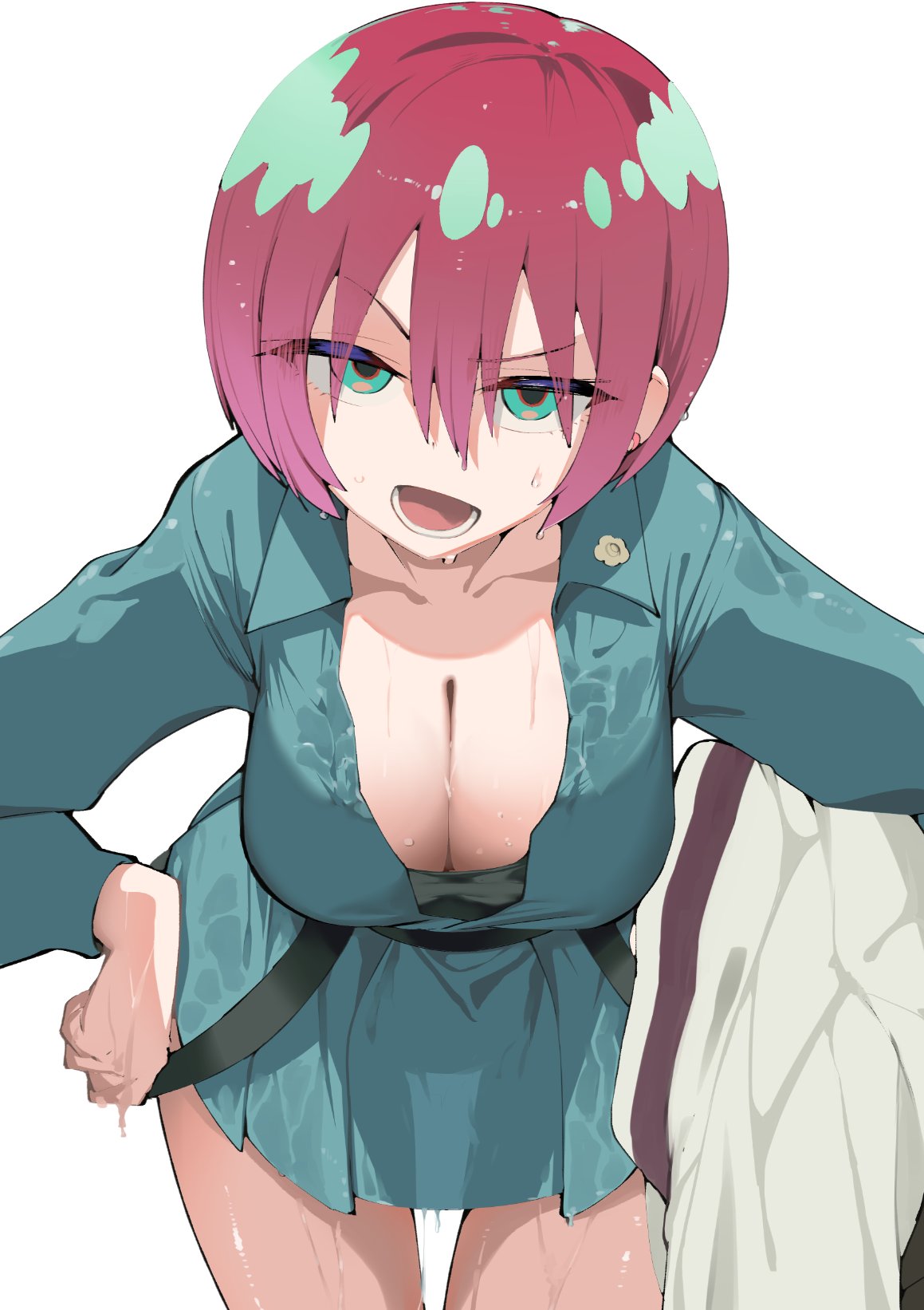 1girls amate_yuzuriha aqua_eyes aqua_shirt aqua_skirt blush breasts cleavage collarbone gundam gundam_gquuuuuux hair_between_eyes highres huge_breasts leaning_forward long_sleeves looking_at_viewer lower_teeth_only multicolored_hair open_mouth pink_hair sanpaku satou_daiji shirt short_hair simple_background skirt solo sweat teeth thighs two-tone_hair white_background