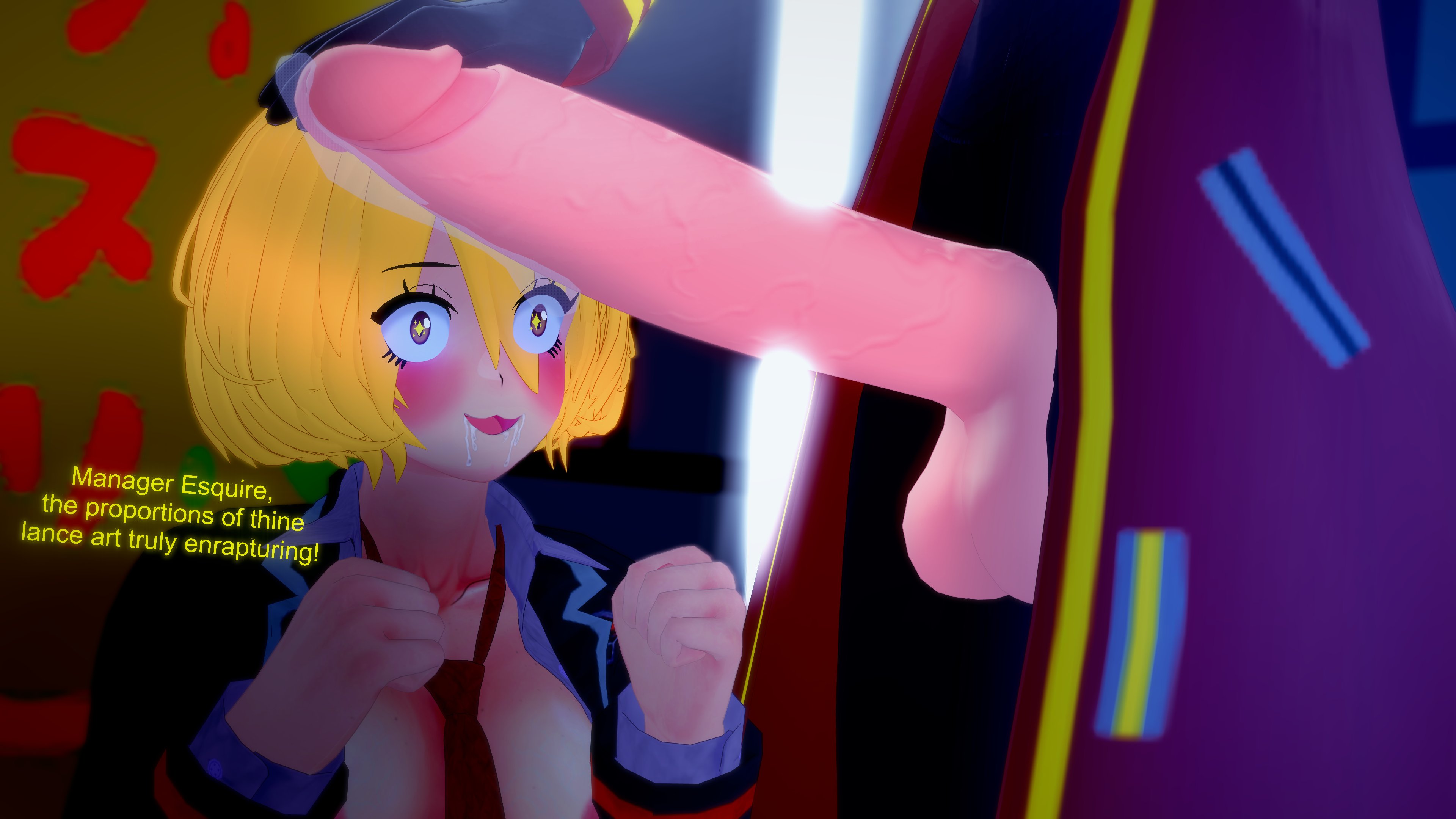 1boy, 1girls, 3d, ambiguous gender, big penis, blonde hair, cock, dante (limbus company), dialogue, dick, don quixote (limbus company), female, hand on head, happy, koikatsu, large penis, light skin, light-skinned female, light-skinned male, limbus company, long hair, looking at penis, male, open mouth, partially clothed, penis, penis awe, penis size talk, precum, precum drip, project moon, size talk, sparkling eyes, spiritofrei, text, uncensored, wide eyed