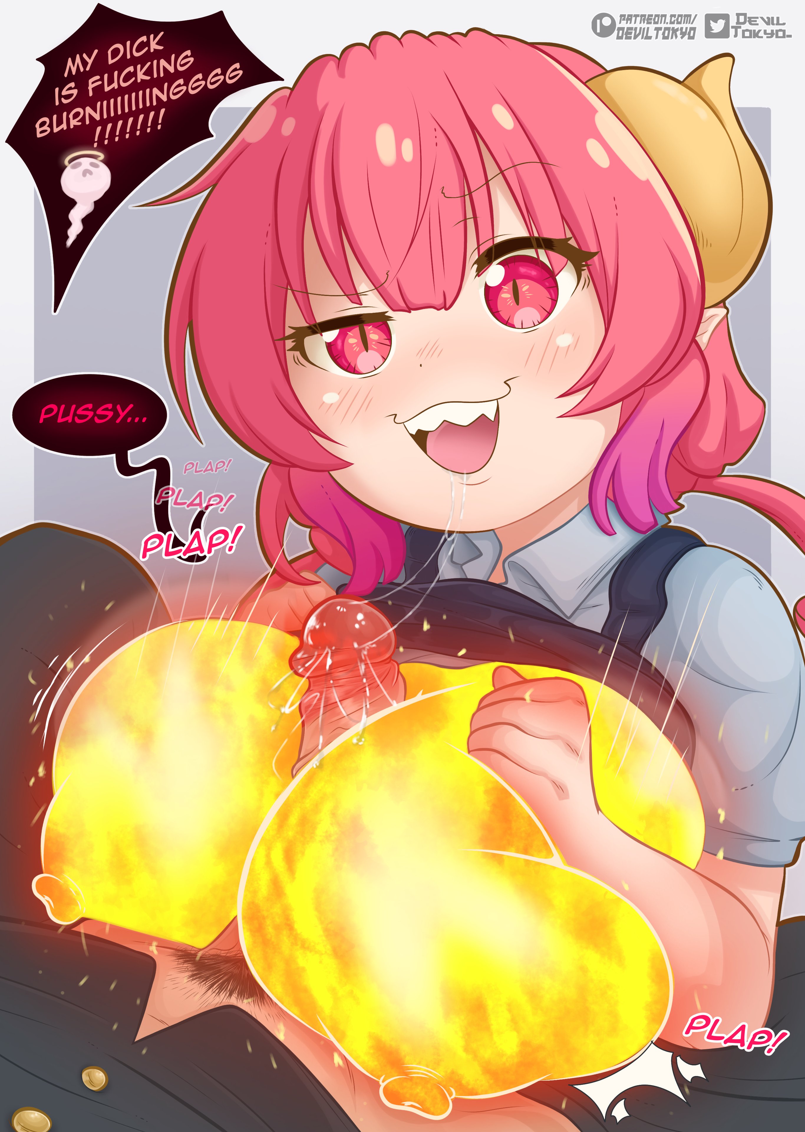 1boy, 1girls, aida taketo, areolae, big breasts, blush, breasts, breasts out, deviltokyo, dialogue, dragon girl, exposed breasts, female, horns, huge breasts, ilulu, ilulu (dragon maid), ilulu (maidragon), large breasts, male, miss kobayashi's dragon maid, monster girl, nipples, paizuri, penis, plap, pointy ears, red eyes, red hair, saliva, sharp teeth, smaller male, taketo (dragon maid), text