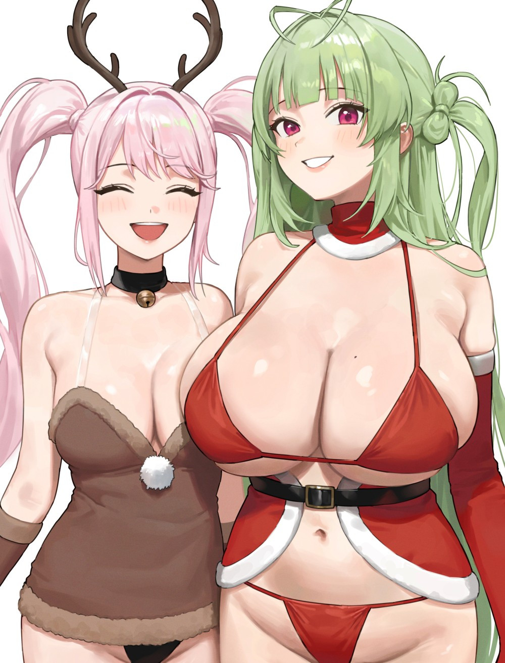 2girls adult adult_female ahoge alice_(nikke) antenna_hair antlers bare_belly bare_chest bare_midriff bare_navel bare_shoulders bare_skin belly belly_button bikini bikini_bottom bikini_only bikini_top birthing_hips black_choker black_collar blunt_bangs blush blush_face blush_lines blushed_face blushing_face blushing_female breasts bust_cup busty busty_female busty_girl child_bearing_hips choker christmas_clothing christmas_decorations christmas_headwear christmas_outfit cleavage closed_eyes collar collarbone curvaceous curvaceous_body curvaceous_female curvaceous_figure curvaceous_hips curvy curvy_body curvy_female curvy_figure curvy_hips dot_nose exposed_belly exposed_chest exposed_midriff exposed_navel exposed_shoulders exposed_skin eyebrows_visible_through_hair fair_skin female female_focus female_only fertile_hips goddess_of_victory:_nikke green_hair green_hair_female grin groin high_resolution highres hourglass_figure large_breasts lean_body lean_figure legs light-skined_female light-skinned light-skinned_female light_skin light_skin_female light_skinned light_skinned_female lips long_hair looking_at_viewer mature mature_female midriff mole mole_on_breast multiple_females multiple_girls narrow_waist navel nhaliz open_mouth open_mouth_smile parted_lips pink_eyebrows pink_hair pink_hair_female purple_eyes purple_eyes_female pussy red_bikini red_bikini_bottom red_bikini_only red_bikini_top red_string_bikini red_swimsuit red_swimwear shiny_breasts shiny_hair shiny_skin shoulders simple_background slender_body slender_waist slim_girl slim_waist smile smiley_face smiling smiling_at_viewer smooth_skin soda_(nikke) standing string_bikini swimsuit swimwear thick_thighs thighs thin_waist tongue twintails twintails_(hairstyle) upper_body upper_teeth v-line white_background wide_hips