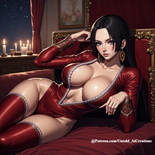 1girls ai_generated big_breasts boa_hancock breasts cleavage clothed clothing female laying_down one_piece seductive solo