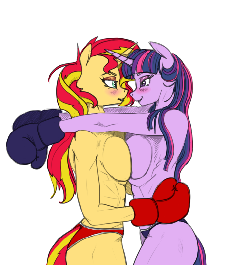 2girls abs anthro anthro_on_anthro anthrofied aquamarine_eyes big_breasts big_thighs blush boxing_gloves breast_squish breasts breasts_frottage breasts_to_breasts clothed clothing duo equestria_girls equid equine eye_contact eyeshadow female female/female female_only friendship_is_magic gloves hair half-closed_eyes handwear hasbro hellbridge horn hug indigo_boxing_gloves indigo_gloves indigo_panties long_hair long_tail looking_at_another looking_at_each_other mammal multicolored_hair my_little_pony mythological_creature mythological_equine mythology panties purple_body red_boxing_gloves red_gloves red_panties side_boob side_view simple_background sports_panties squish sunset_shimmer tail thick thick_hips thick_thighs thighs topless twilight_sparkle_(mlp) unicorn violet_eyes white_background wide_hips yellow_body yuri