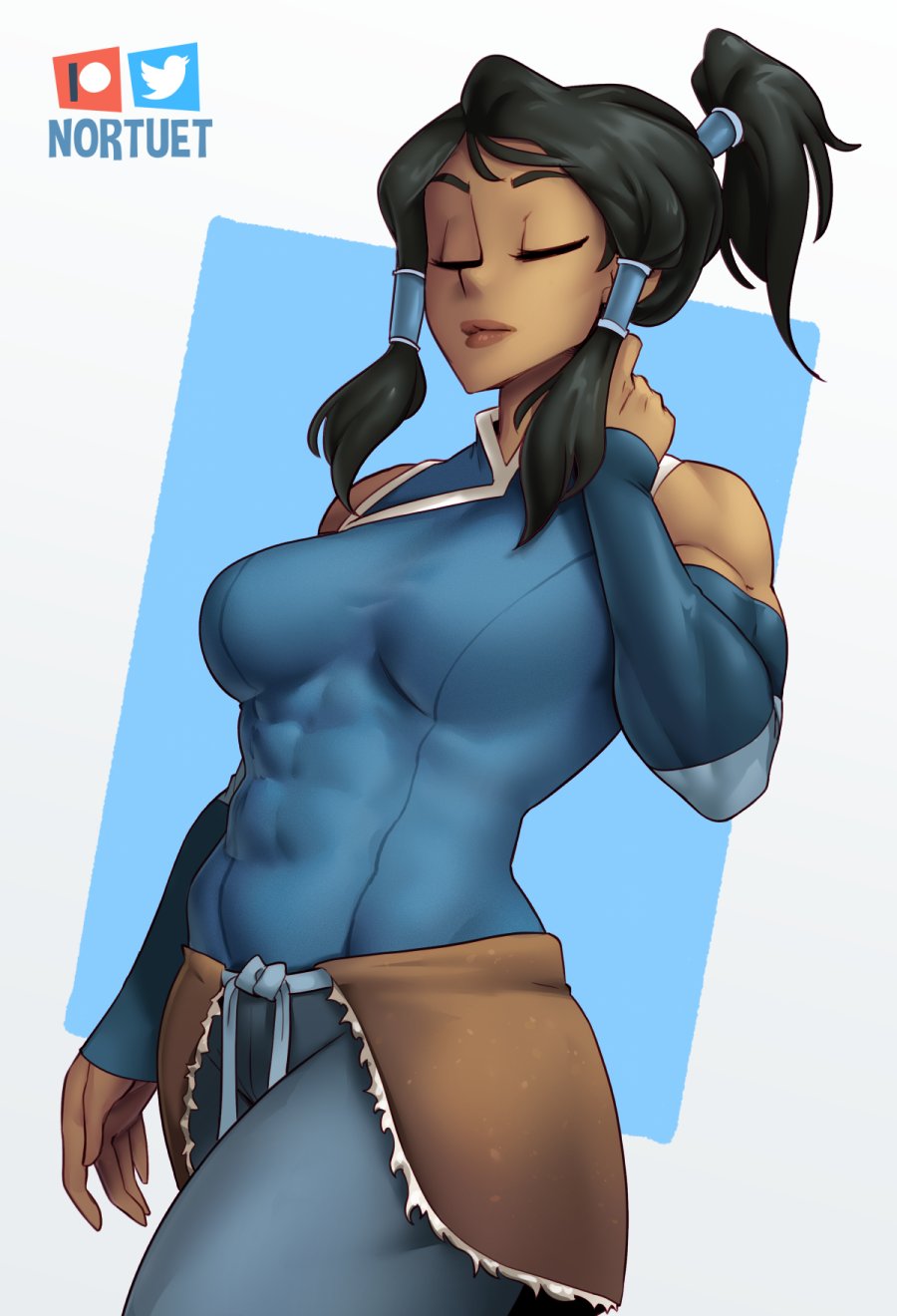 1girls, avatar legends, big breasts, black hair, breasts, closed eyes, clothed female, clothing, dark skin, dark-skinned female, female, female only, hi res, korra, long hair, medium breasts, muscular, muscular female, nortuet, pose, revealing clothes, simple background, solo, the avatar, the legend of korra, water tribe, watermark, white background