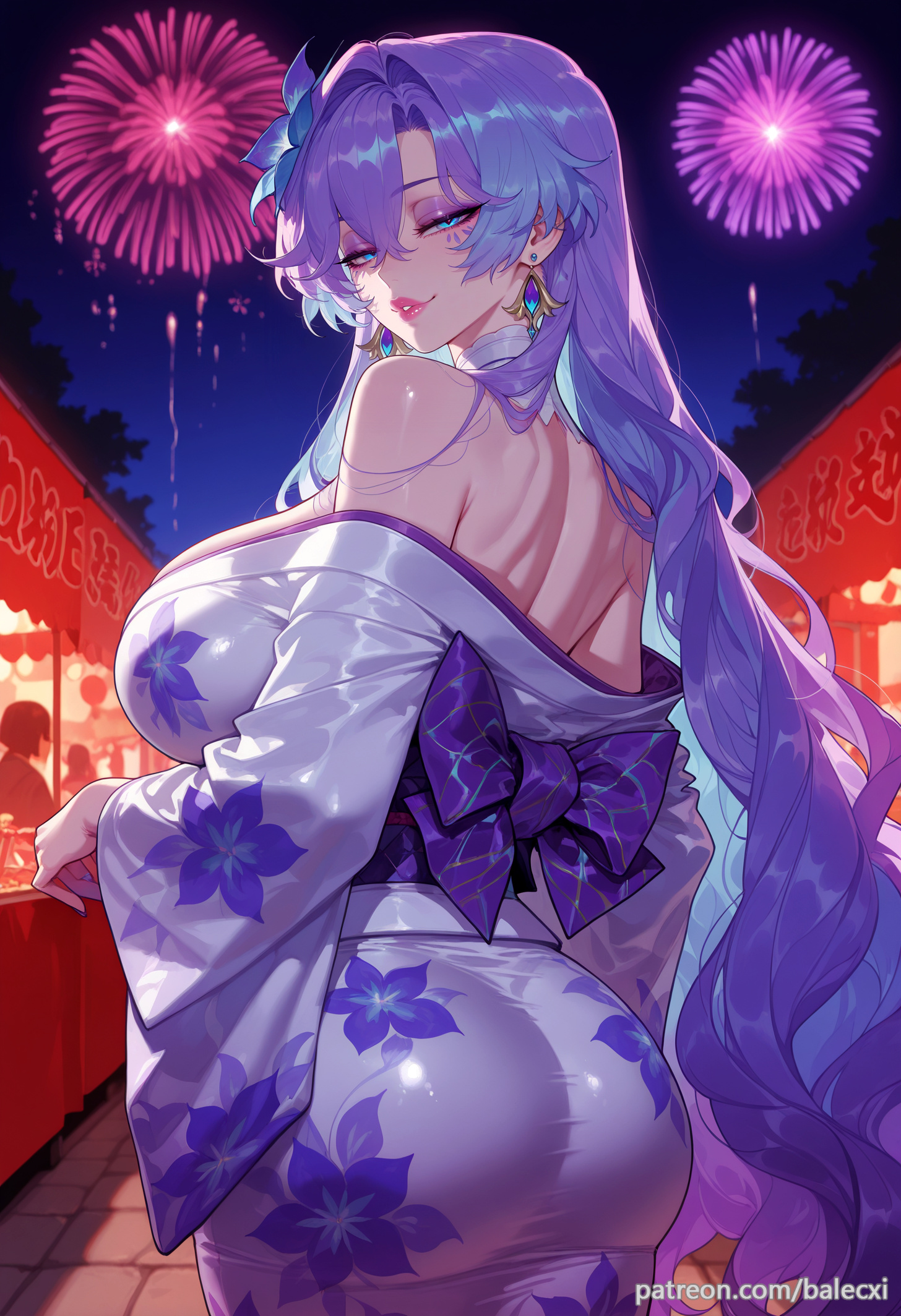 1girls, ai generated, ass, balecxi, bare shoulders, breasts, cantarella (wuthering waves), earrings, female, fireworks, floral print, flower, hair ornament, japanese clothes, jewelry, kimono, large breasts, light skin, light-skinned female, long hair, looking at viewer, looking back, multicolored hair, night, off shoulder, purple hair, smile, solo, wuthering waves