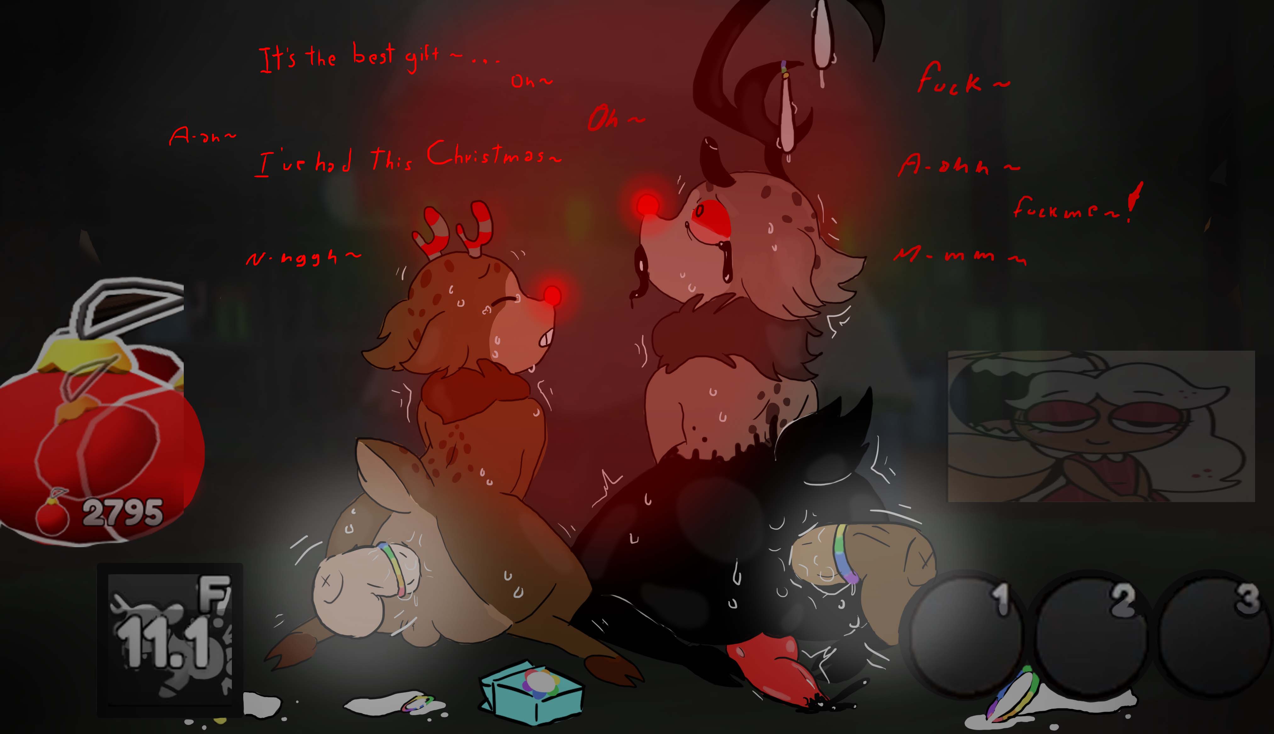 2boys, 2femboys, ass, big ass, christmas, condom, condom on penis, dandy's world, dumpw, furry, gay, male, minicomic, penis, penis in ass, reindeer, rudie (dandy's world), sweat, tears, twisted rudie (dandy's world), yaoi