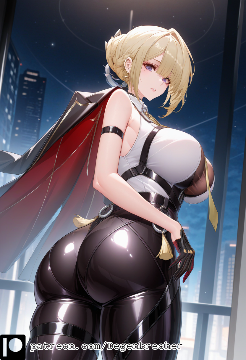 1girls ai_generated ass_focus big_breasts big_butt blonde_hair curvy_figure degenbrecher evelyn_chevalier leather_clothing patreon patreon_username purple_eyes zenless_zone_zero