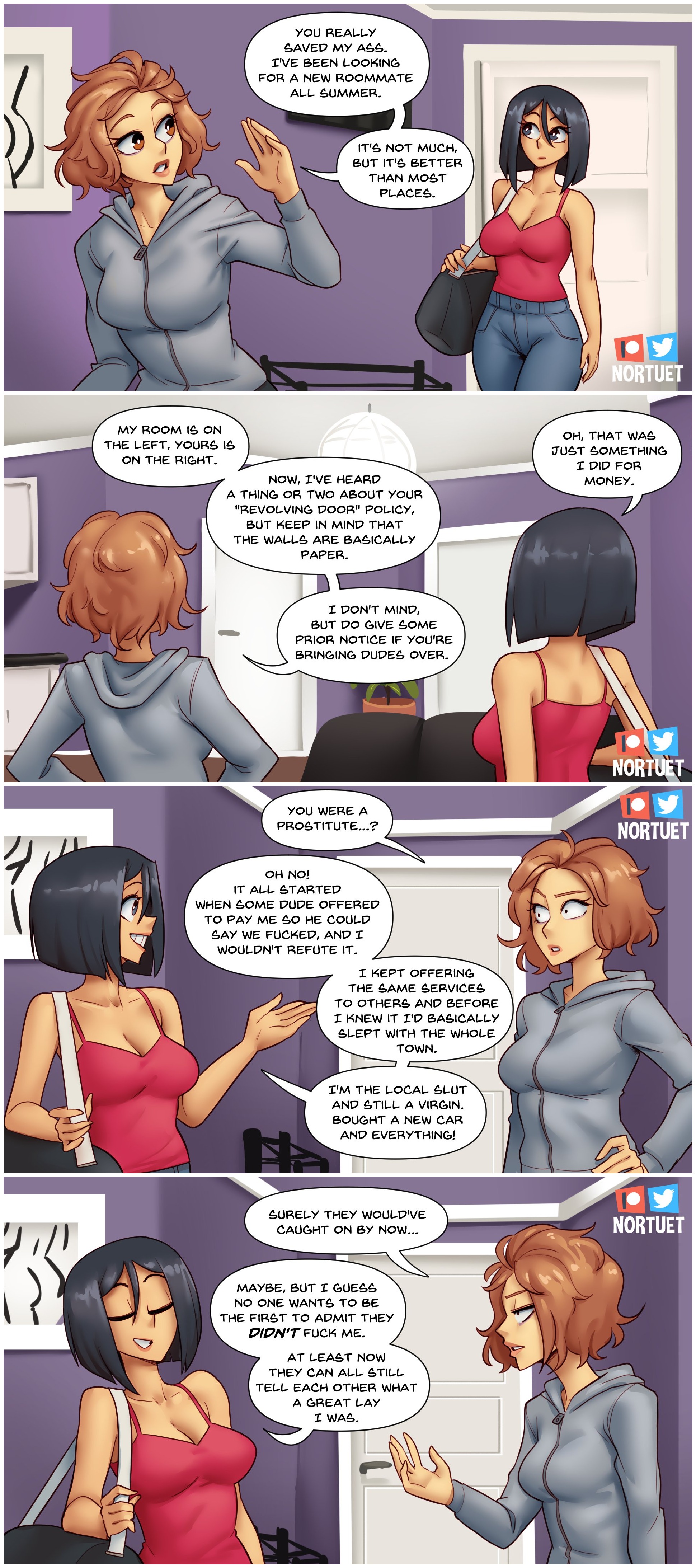 2girls, big breasts, black hair, breasts, brown eyes, brown hair, cleavage, closed eyes, clothed, clothing, comic, curvy, english text, female, female focus, female only, grey eyes, medium hair, multiple females, multiple girls, nortuet, nortuet universe, original, penelope pound, revealing clothes, sarah coltellini, text, watermark, wide hips