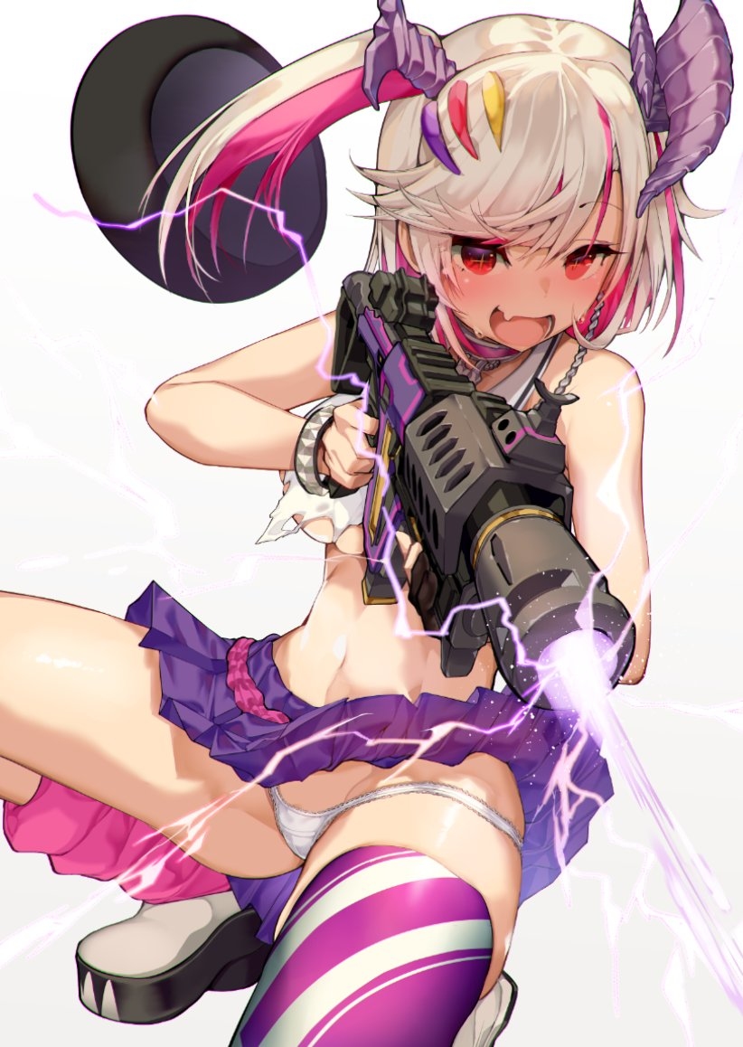 1girls assault_rifle breasts cleavage gun horns large_breasts original panchira panchira_(squatting) rifle satou_daiji tagme tsuzura_amo virtual_youtuber weapon