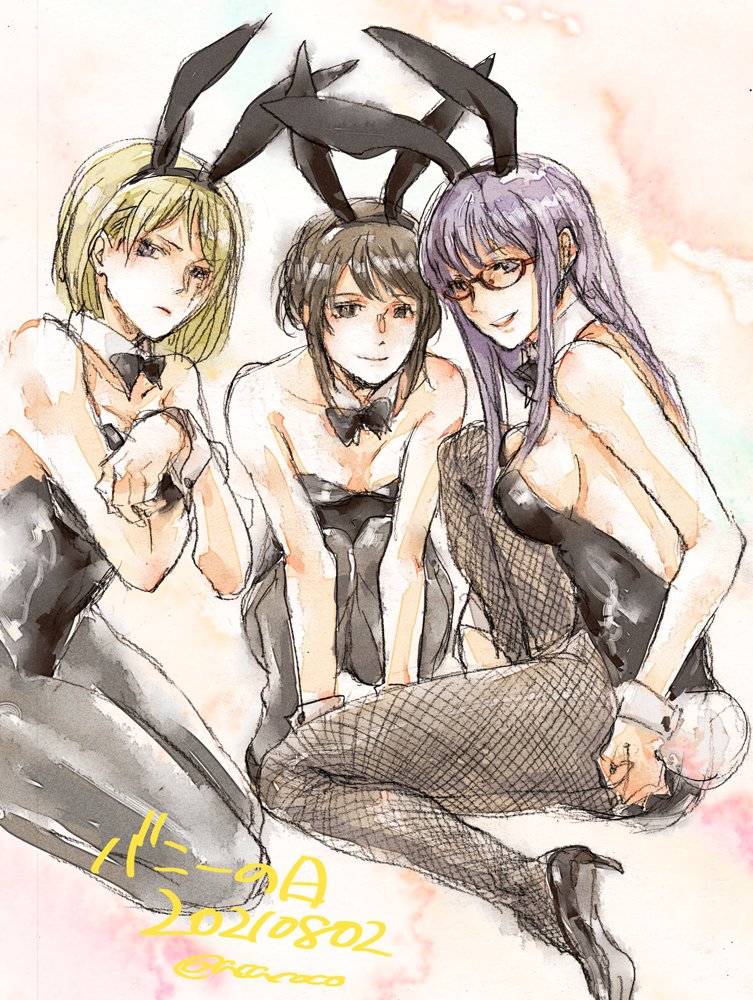 3girls acacocco alternate_costume blonde_hair bowtie brown_hair bunny_ears bunny_girl bunny_tail bunnysuit cleavage covering_breasts crossed_arms female female_only fishnets gintama glasses high_heels long_hair looking_at_viewer playboy_bunny purple_hair sarutobi_ayame shimura_tae short_hair sideboob smile tsukuyo