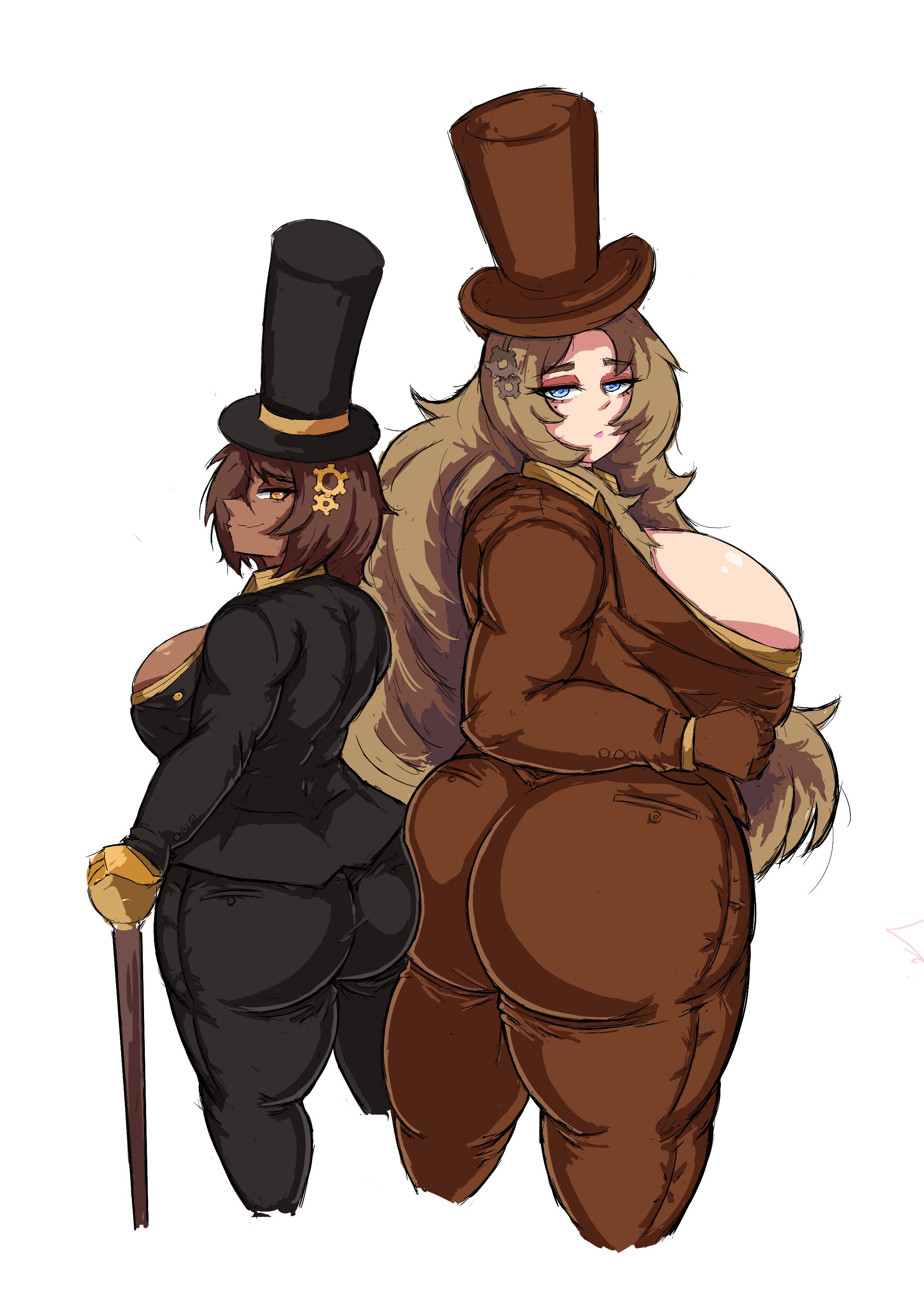 2girls, ass to ass, behind view, breasts, female, female only, gear, huge breasts, limbus company, littleteze, looking back at viewer, outis (limbus company), project moon, rodion (limbus company), suit, t corp (identity) (project moon), top hat