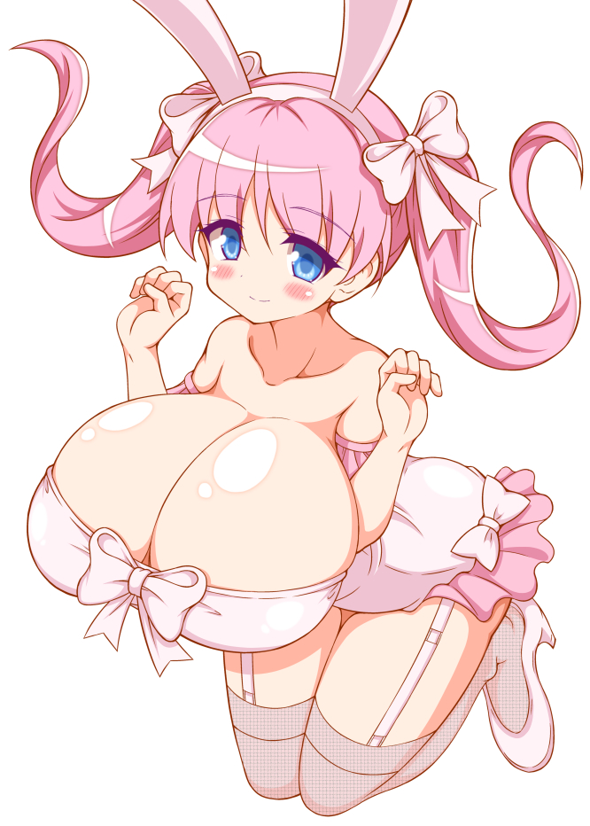 1girls blue_eyes blush breasts bunny_ears full_body haramura_nodoka huge_breasts k-cup_breasts miteinano pink_hair ribbons saki_(manga) smile twintails