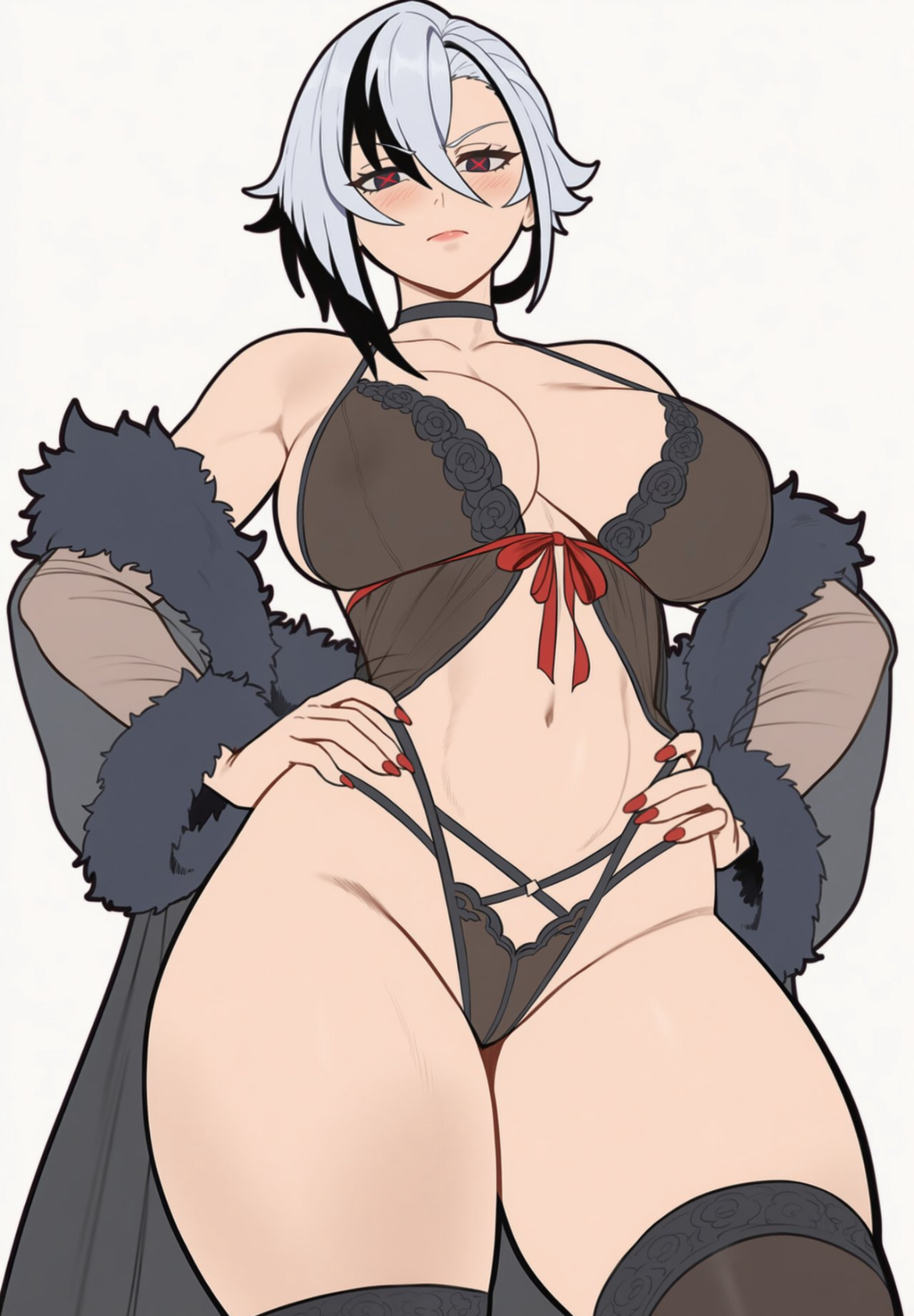 1girls, ai generated, angry expression, angry face, arlecchino (genshin impact), big breasts, coat on shoulders, curvy female, female, female only, genshin impact, lingerie, maxelartdesign, midriff, short hair, solo, thick thighs, white hair, wide hips