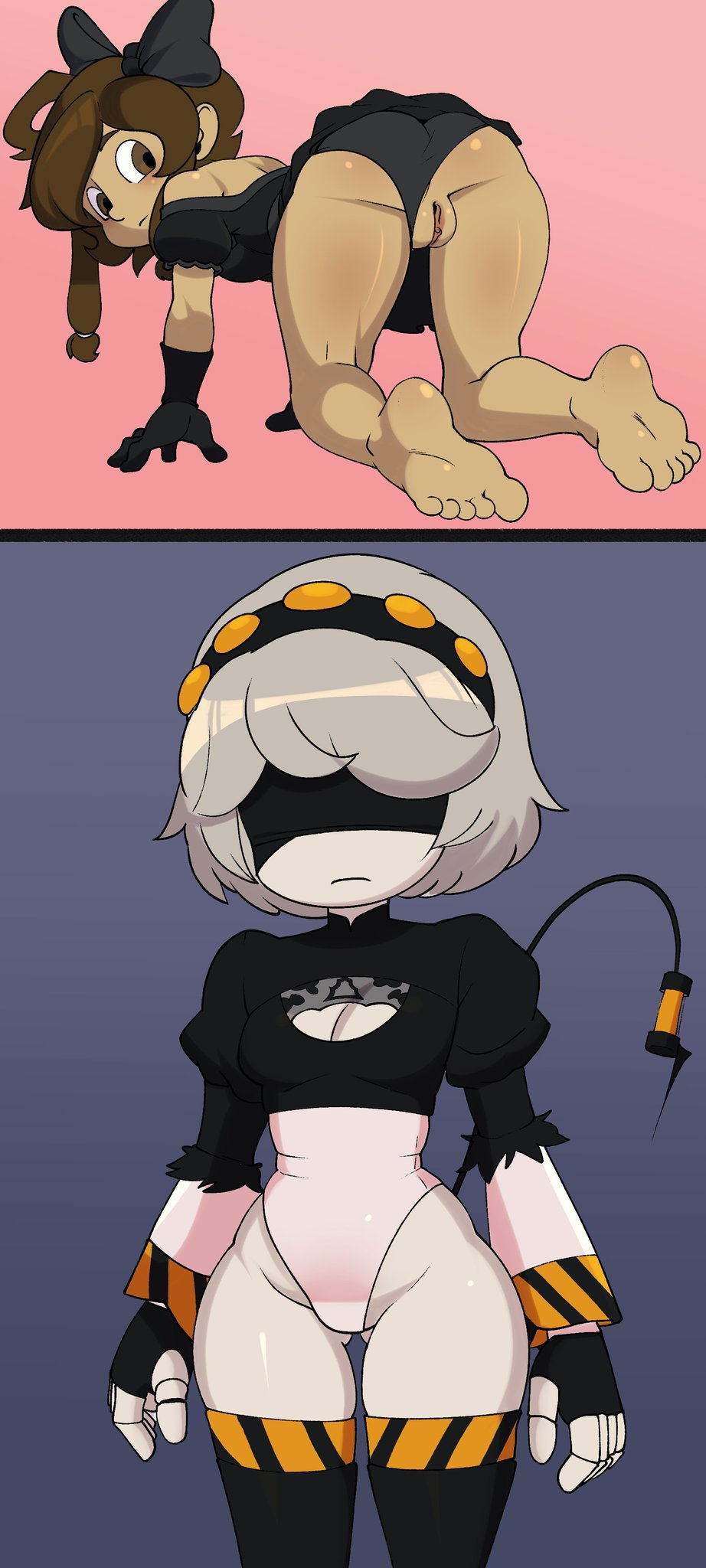 blindfold blindfolded clothed clothing dark-skinned_female dark_skin feet female human kohiitiimo light-skinned_female light_skin looking_back murder_drones nier:_automata on_fours pussy robot robot_girl robot_humanoid short_hair short_hair_female tessa_elliot v_(murder_drones) white_hair worker_drone yorha_2b_(cosplay)