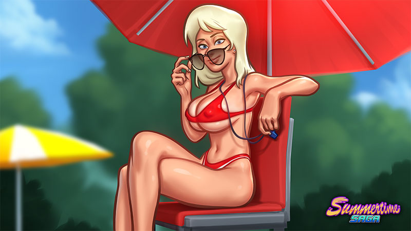 1woman belly_button bikini blonde_female blonde_hair_female cassie_(summertime_saga) chair lifeguard_chair light-skinned_female light_skin minibikini parasol pool red_bikini summertime_saga sunglasses