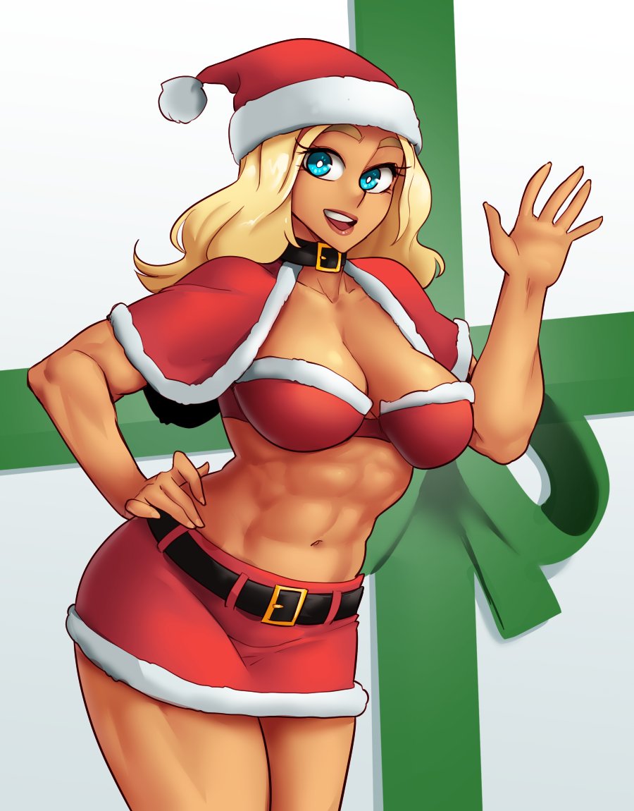 1girls, beverly galanis-hill, big breasts, blonde hair, blue eyes, breasts, christmas, cleavage, clothed, clothing, female, female only, hi res, holidays, long hair, muscular, muscular female, nortuet, nortuet universe, open mouth, original, pose, revealing clothes, simple background, smile, solo, waving, white background, wide hips