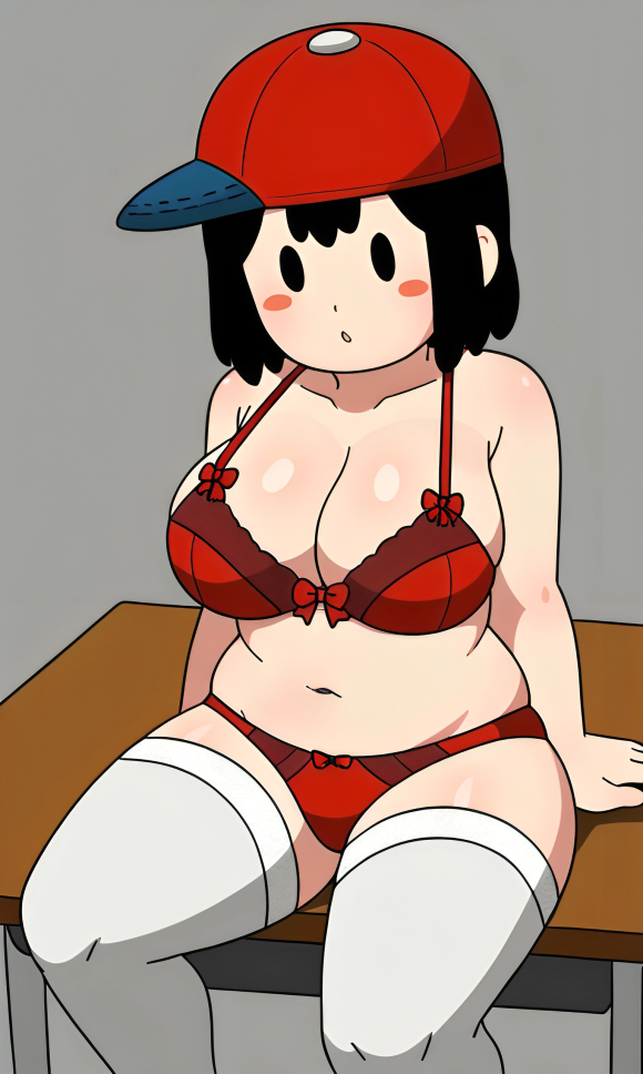 4_fingers :o ai_generated baseball_cap black_eyes black_hair blush_stickers busty clothed curvy desk female genderswap_(mtf) gray_background large_breasts lingerie mother_(series) mother_2 ness pixai red_cap red_lingerie rule_63 shoulder_length_hair sideways_baseball_cap sitting_on_desk solo thighhighs white_thighhighs