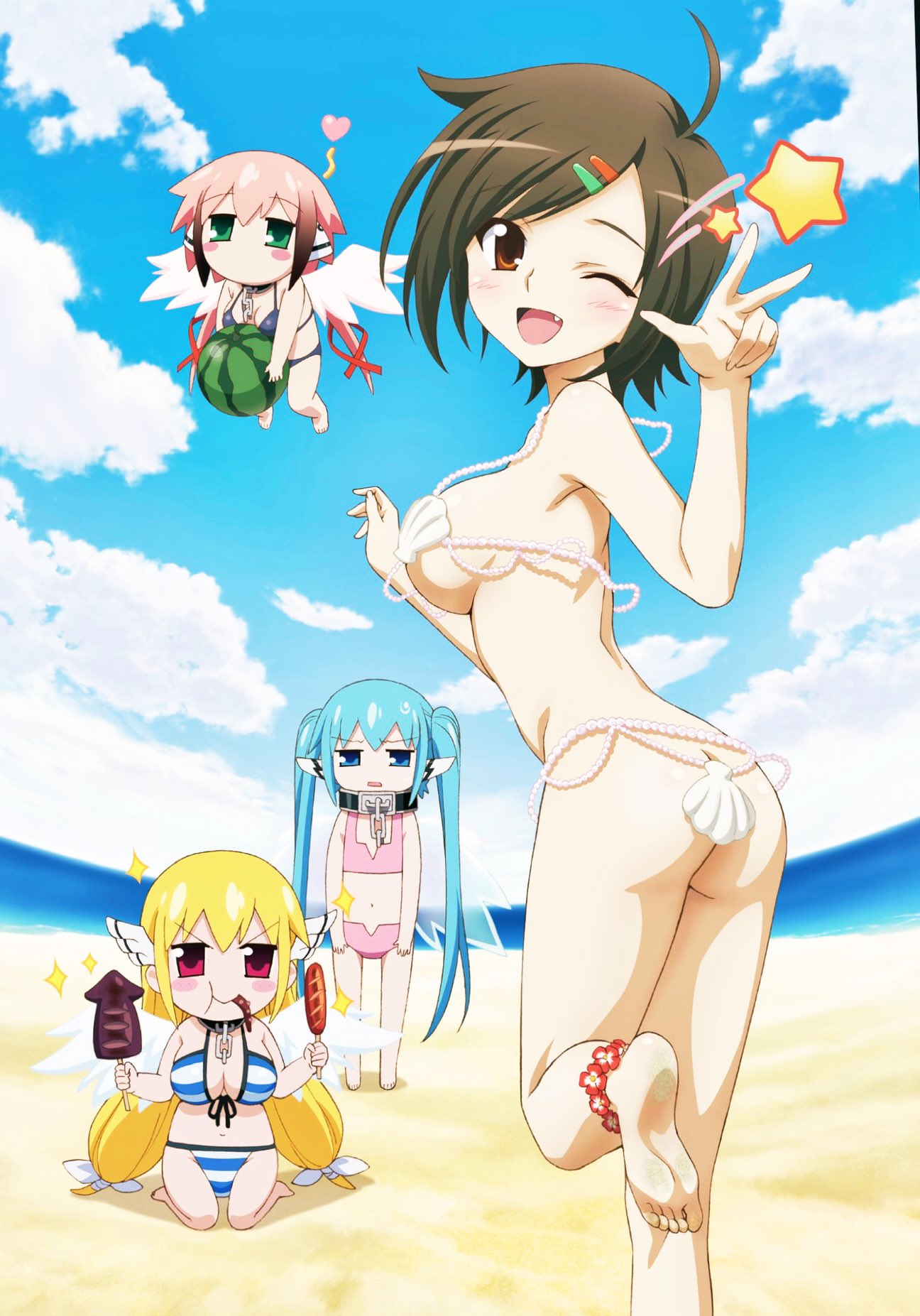 4girls angel_wings astraea_(sora_no_otoshimono) beach bikini black_hair blonde_hair blue_bikini blue_sky breasts brown_eyes brown_hair chains chibi cleavage cloud collar food fruit genderswap_(mtf) gradient_hair hair_ornament hairclip highres ikaros large_breasts long_hair low_twintails metal_collar multicolored_hair multiple_girls nymph_(sora_no_otoshimono) oerba_yun_fang one_eye_closed open_mouth outdoors pink_bikini pink_hair red_eyes robot_ears rule_63 sakurai_tomoki sand shell shell_bikini sky smile sora_no_otoshimono sparkle striped_bikini striped_clothes swimsuit tomoko_(sora_no_otoshimono) twintails very_long_hair w watanabe_yoshihiro water watermelon white_bikini white_wings wings wink_star