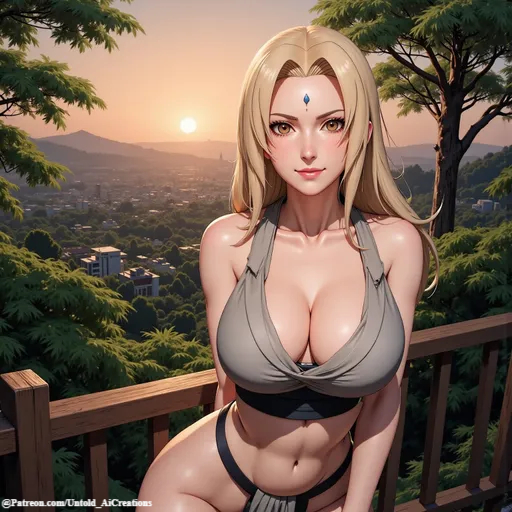 ai_generated big_breasts blonde_hair bra breasts cleavage clothed clothing female naruto naruto_(series) naruto_shippuden outdoors panties public seductive tsunade