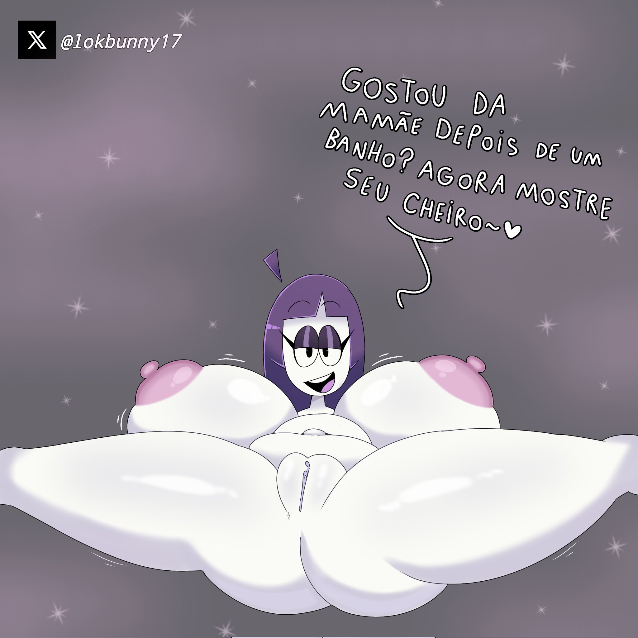 1girls, areolae, ass, breasts, completely nude, female, female only, huge ass, huge breasts, lila (spooky month), lokbunny17, naked, naked female, nipples, nude, nude female, open mouth, open smile, portuguese text, purple hair, pussy, smile, solo, solo female, spooky month, spread legs, translation request