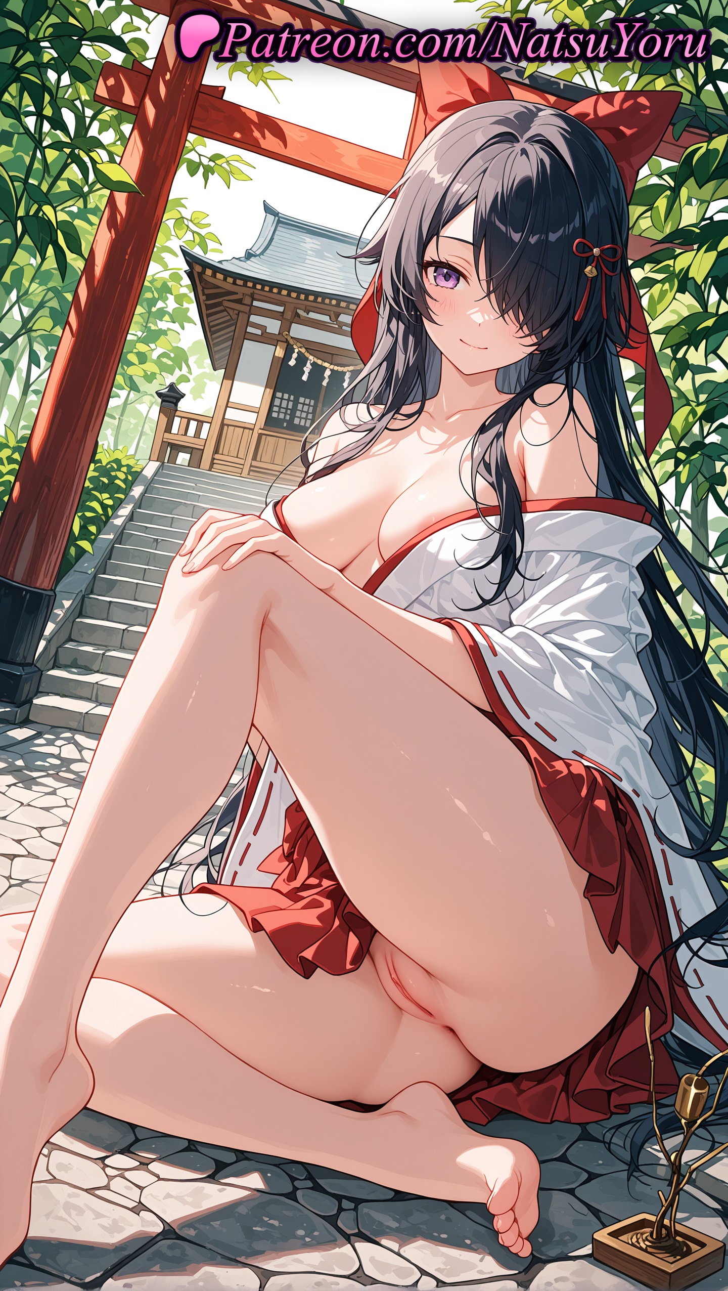 1girls, 2025, ai generated, bangs, bare shoulders, barefoot, black hair, bow, breasts, cleavage, closed mouth, feet, female, female only, hair over one eye, hairbow, hakama, hi res, highres, japanese clothes, kasugano tsubaki, kimono, large breasts, long hair, looking at viewer, miko, mirai nikki, natsuyoru, no panties, off shoulder, outdoors, patreon, purple eyes, pussy, red hakama, shrine, sitting, skirt, smile, solo, toes, uncensored, vagina, voluptuous, voluptuous female, wide sleeves