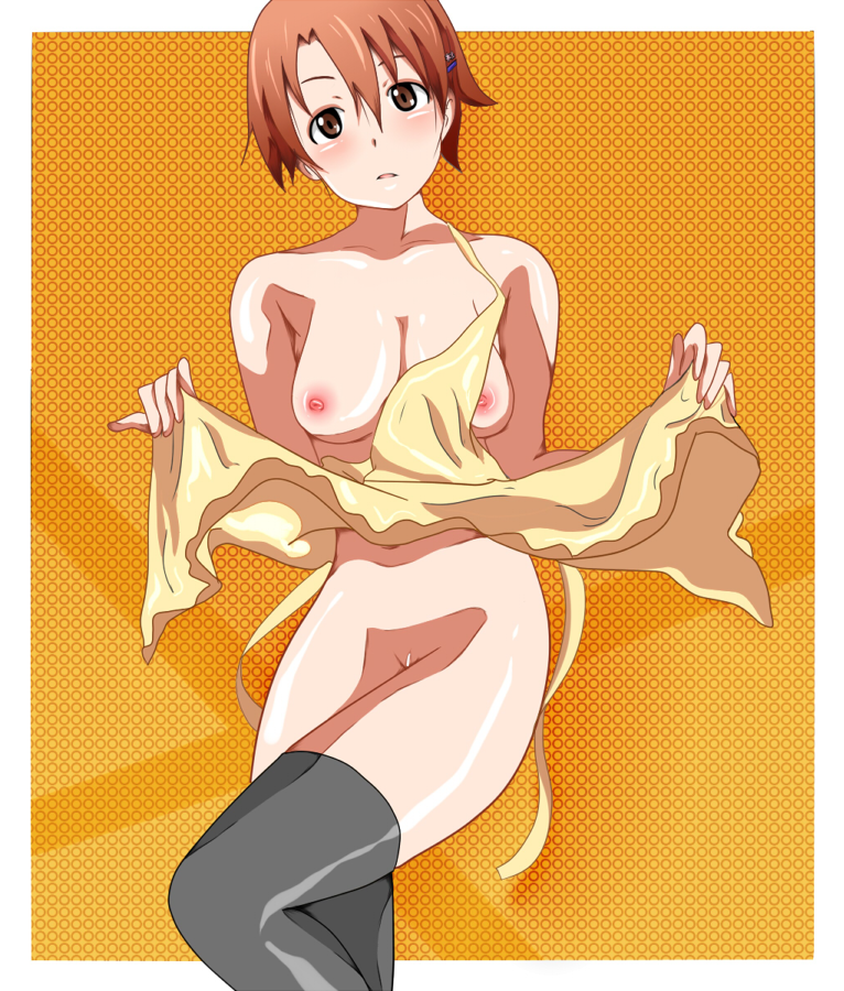 apron_lift brown_eyes brown_hair censored female female_only human inami_mahiru mahiru_inami morune naked_apron short_hair solo thighhighs working!!