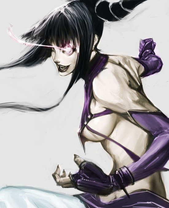 areola areola_slip black_hair breasts capcom elbow_gloves female female_only fingerless_gloves gloves glowing glowing_eyes human ikeda_masateru juri_han masateru purple_eyes sideboob solo straight_hair street_fighter street_fighter_iv underboob