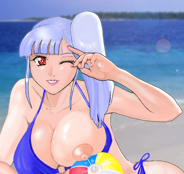 1girls 2010 beach beach_ball bikini breasts curvaceous gundam gundam_zz human large_breasts light-skinned_female light_skin long_hair momio_(judoroux) nipples purple_hair roux_louka solo tagme