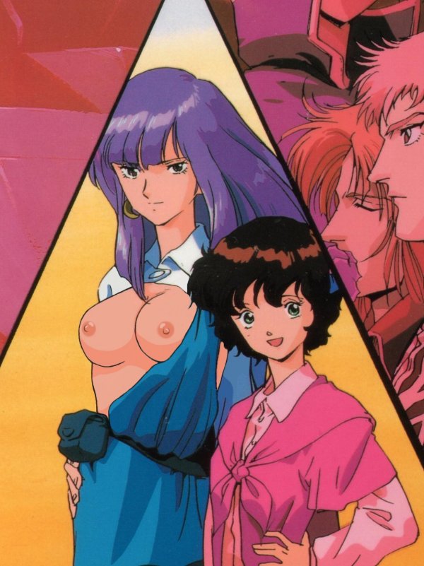 2girls 80s artist_request breasts breasts_out brown_hair dress edit green_eyes gundam gundam_zz human large_breasts leina_ashta light-skinned_female light_skin long_hair multiple_girls nipples nude_filter official_art purple_hair roux_louka shirt short_hair