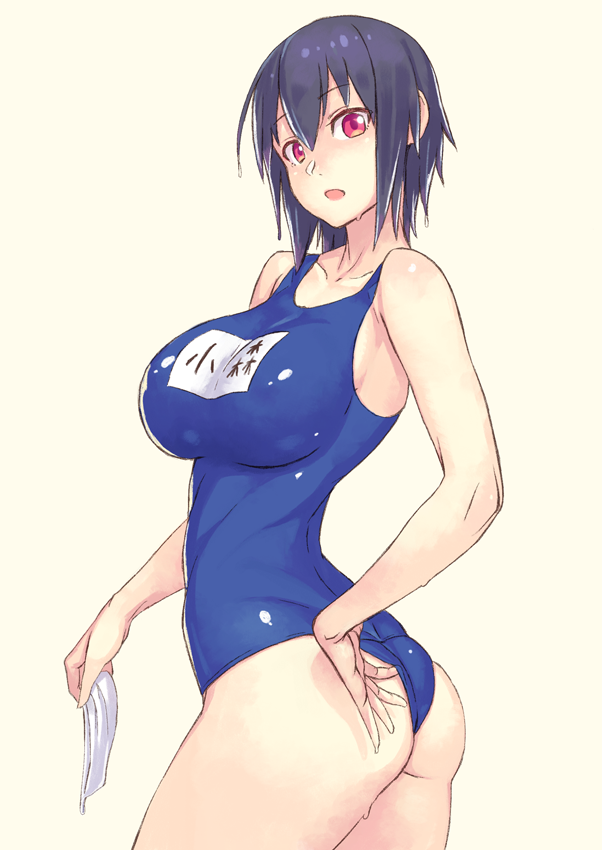 1girls ass big_breasts black_hair breasts brown_eyes komori-san_wa_kotowarenai! komori_shuri looking_at_viewer looking_back school_swimsuit swimsuit